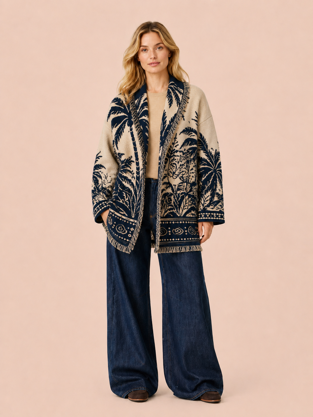 Tropical Tiger Oversized Belted Cardigan - Beige & Navy Knit Jacket