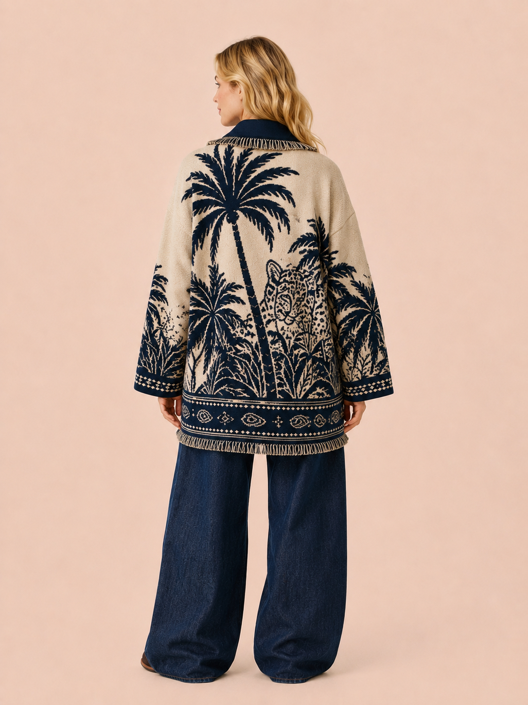 Tropical Tiger Oversized Belted Cardigan - Beige & Navy Knit Jacket