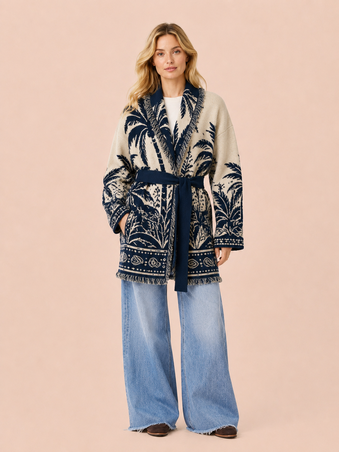 Tropical Tiger Oversized Belted Cardigan - Beige & Navy Knit Jacket