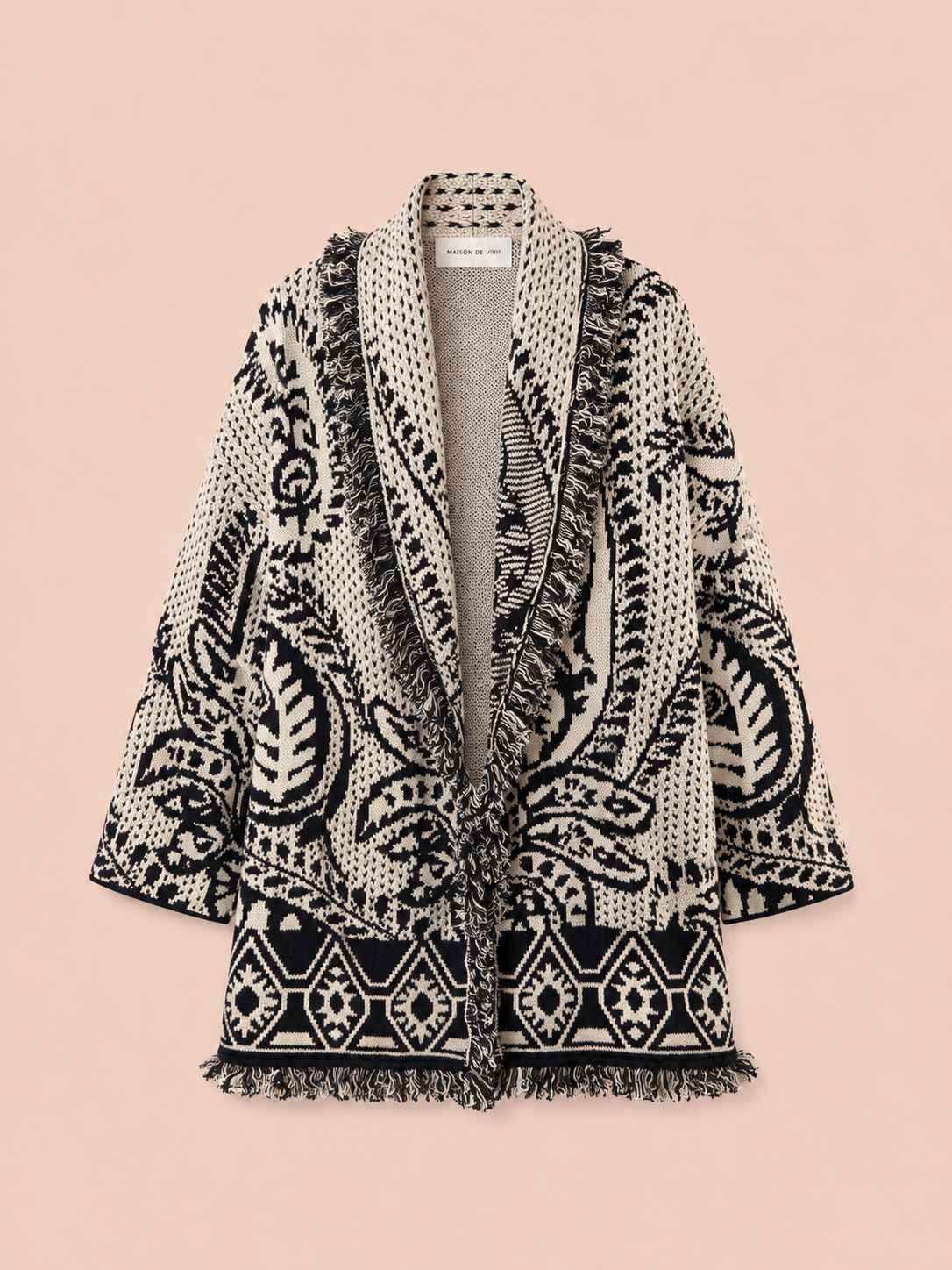 Luna Paisley Knit Oversized Belted Cardigan - Cream & Black Jacket