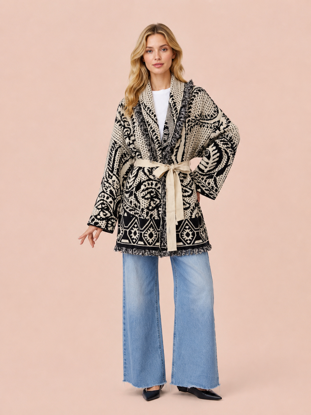 Luna Paisley Knit Oversized Belted Cardigan - Cream & Black Jacket
