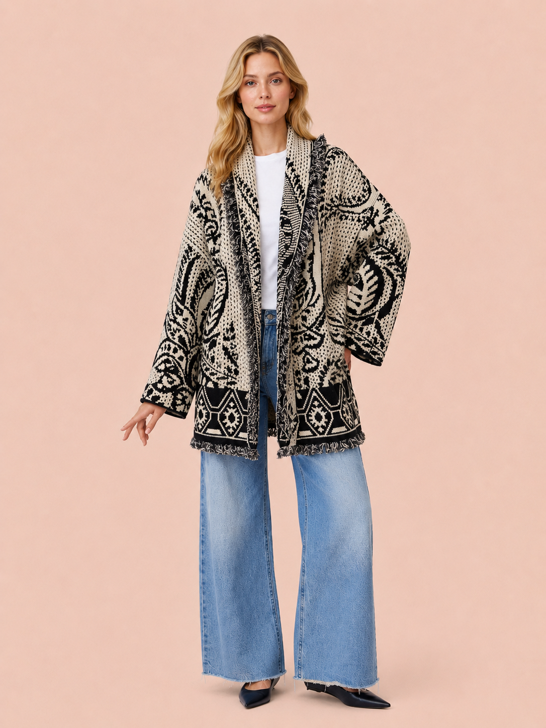 Luna Paisley Knit Oversized Belted Cardigan - Cream & Black Jacket