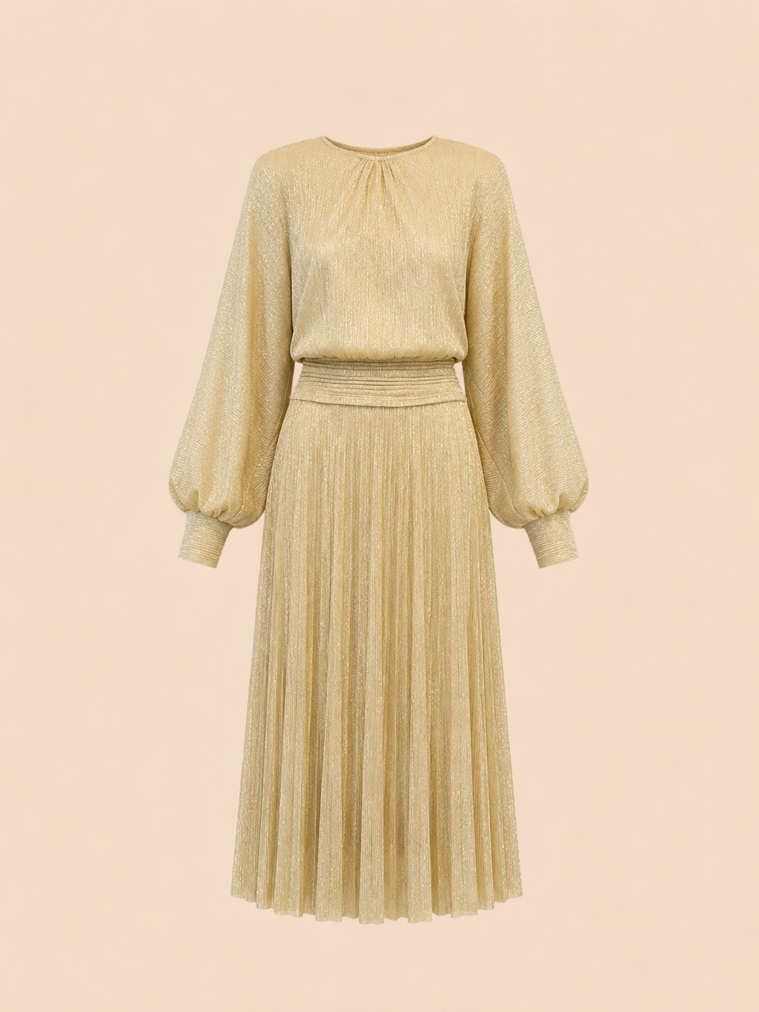 Champagne Shimmer Balloon Sleeve Midi Dress