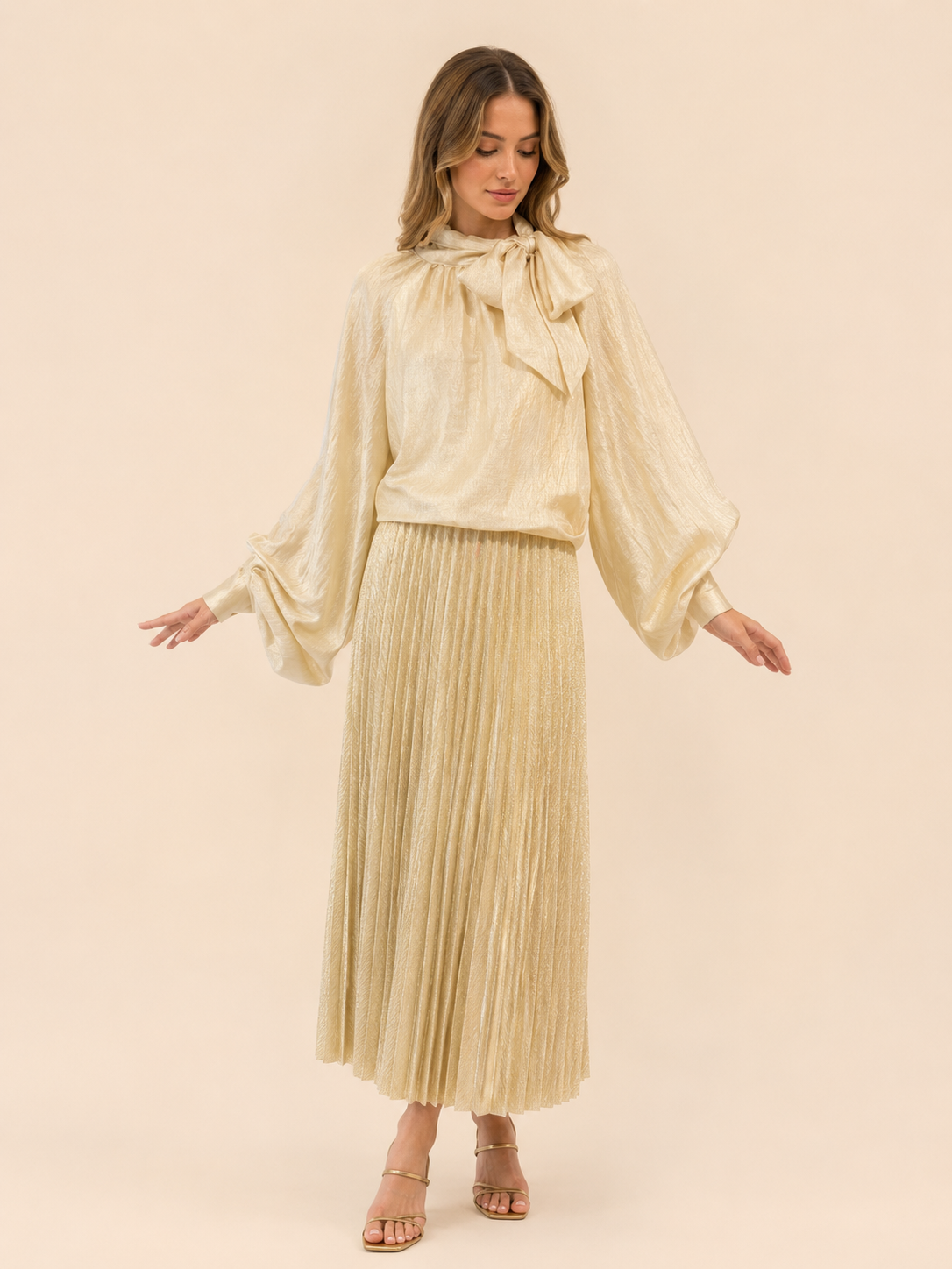 Champagne Shimmer Pleated Midi Skirt