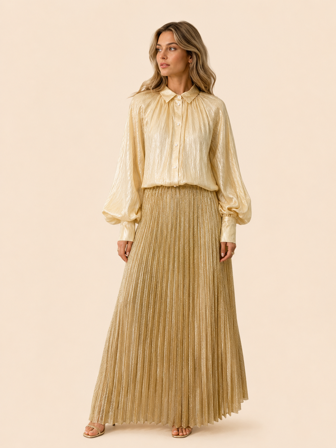 Champagne Relaxed Fit Shimmer Balloon Sleeve Blouse
