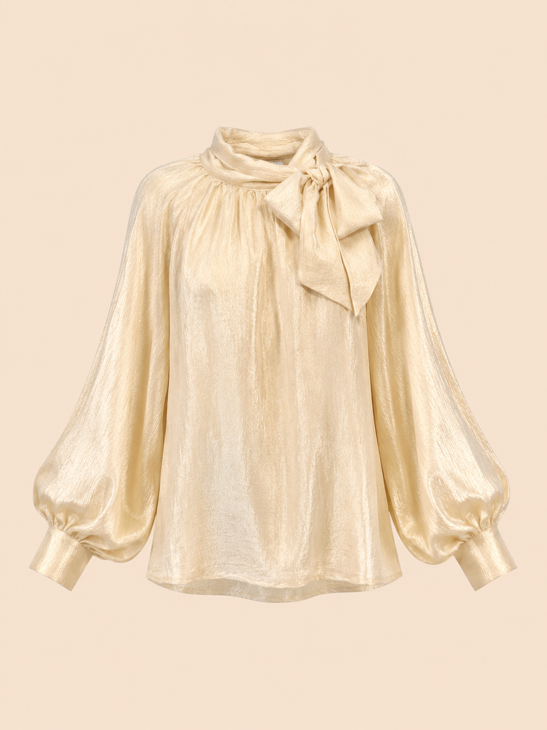 Champagne Relaxed Fit Bow Neck Balloon Sleeve Blouse