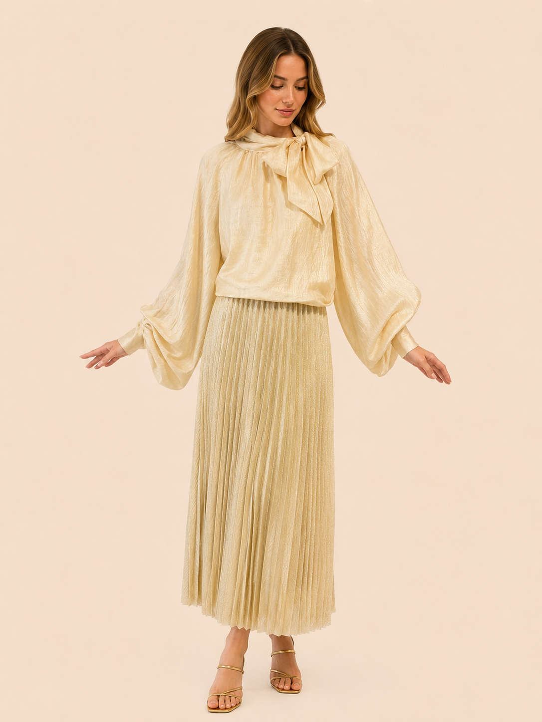 Champagne Relaxed Fit Bow Neck Balloon Sleeve Blouse