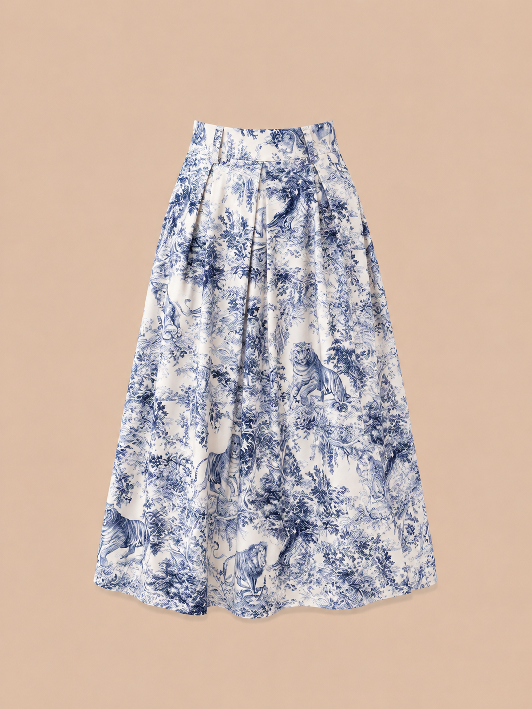 Blue Toile Print Midi Skirt - Elegant High Waist A-Line Skirt