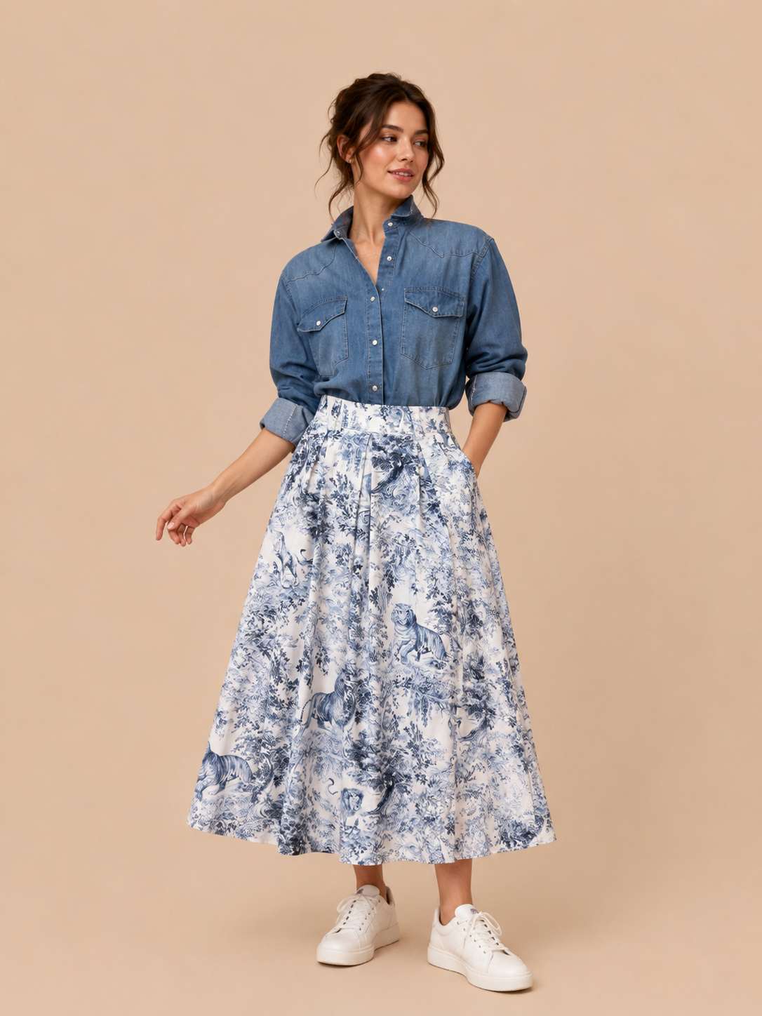 Blue Toile Print Midi Skirt - Elegant High Waist A-Line Skirt