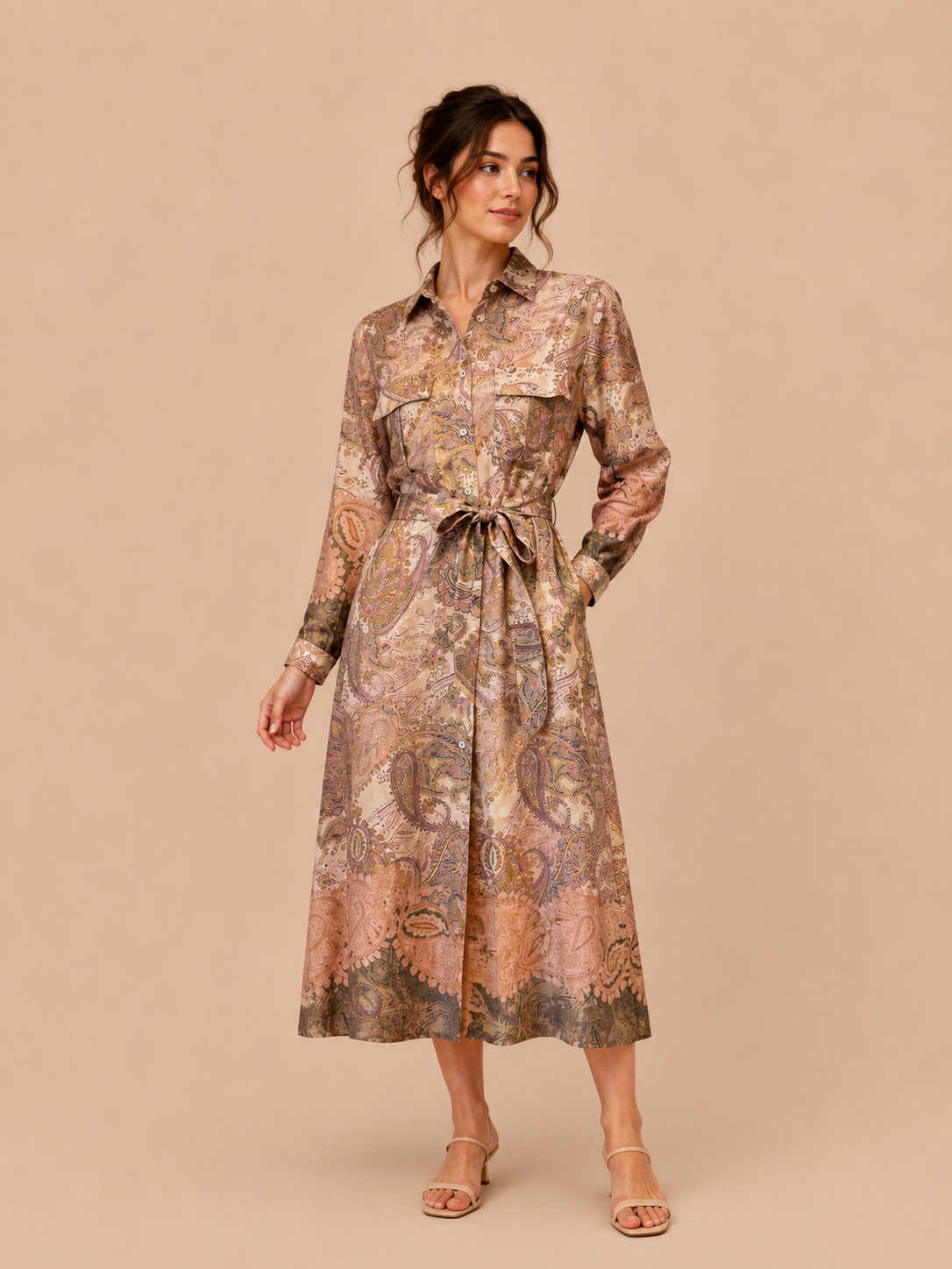 Elegant Paisley Shirt Dress Belted Long Sleeve Midi Dress In Beige Blush