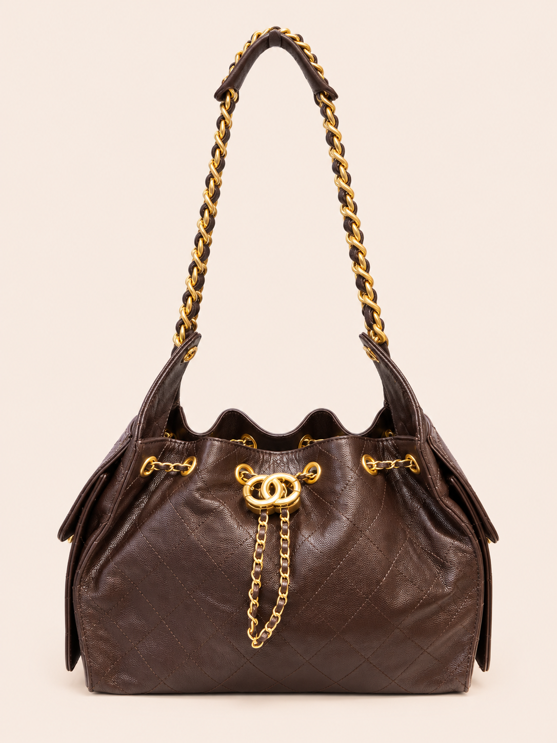 Luxury Quilted Chocolate Caviar Leather Shoulder Bag With Gold Chain Strap