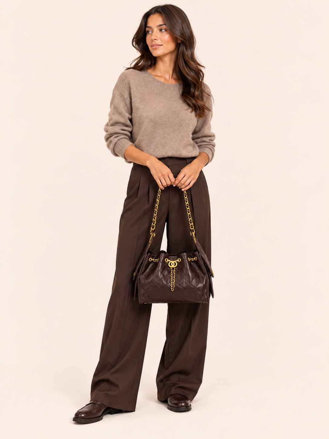 Luxury Quilted Chocolate Caviar Leather Shoulder Bag With Gold Chain Strap