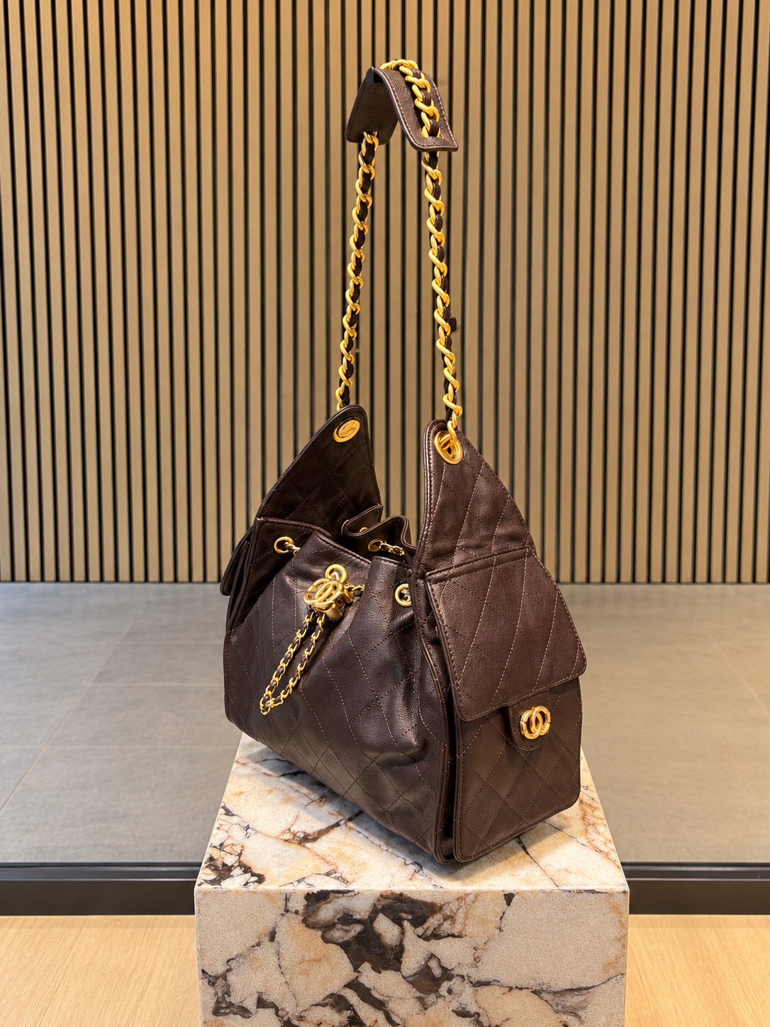 Luxury Quilted Chocolate Caviar Leather Shoulder Bag With Gold Chain Strap