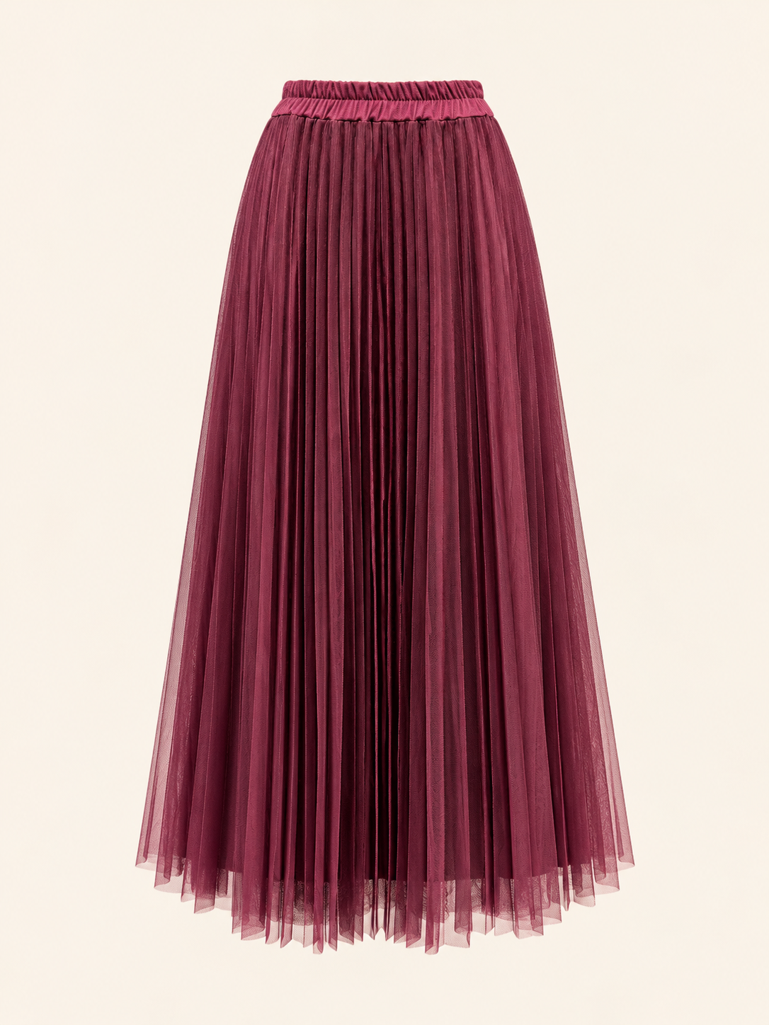 Burgundy Pleated Tulle Maxi Skirt - Women's Elegant Skirt