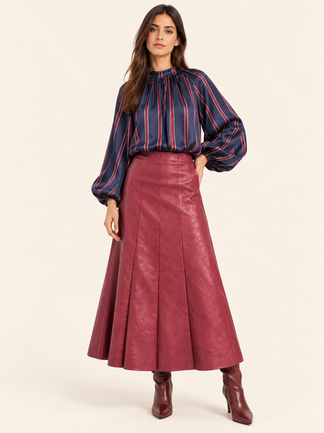Relaxed Fit Navy Blue Striped Blouse With Balloon Sleeves