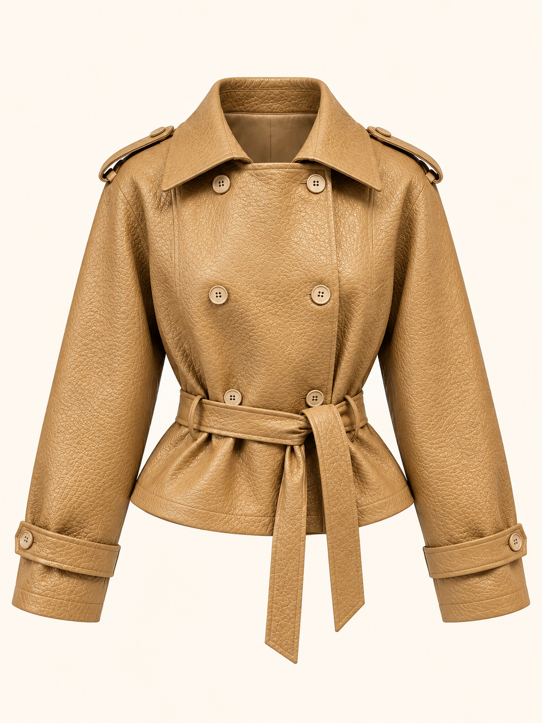 Oversized Camel Textured Faux Leather Double-Breasted Belted Jacket
