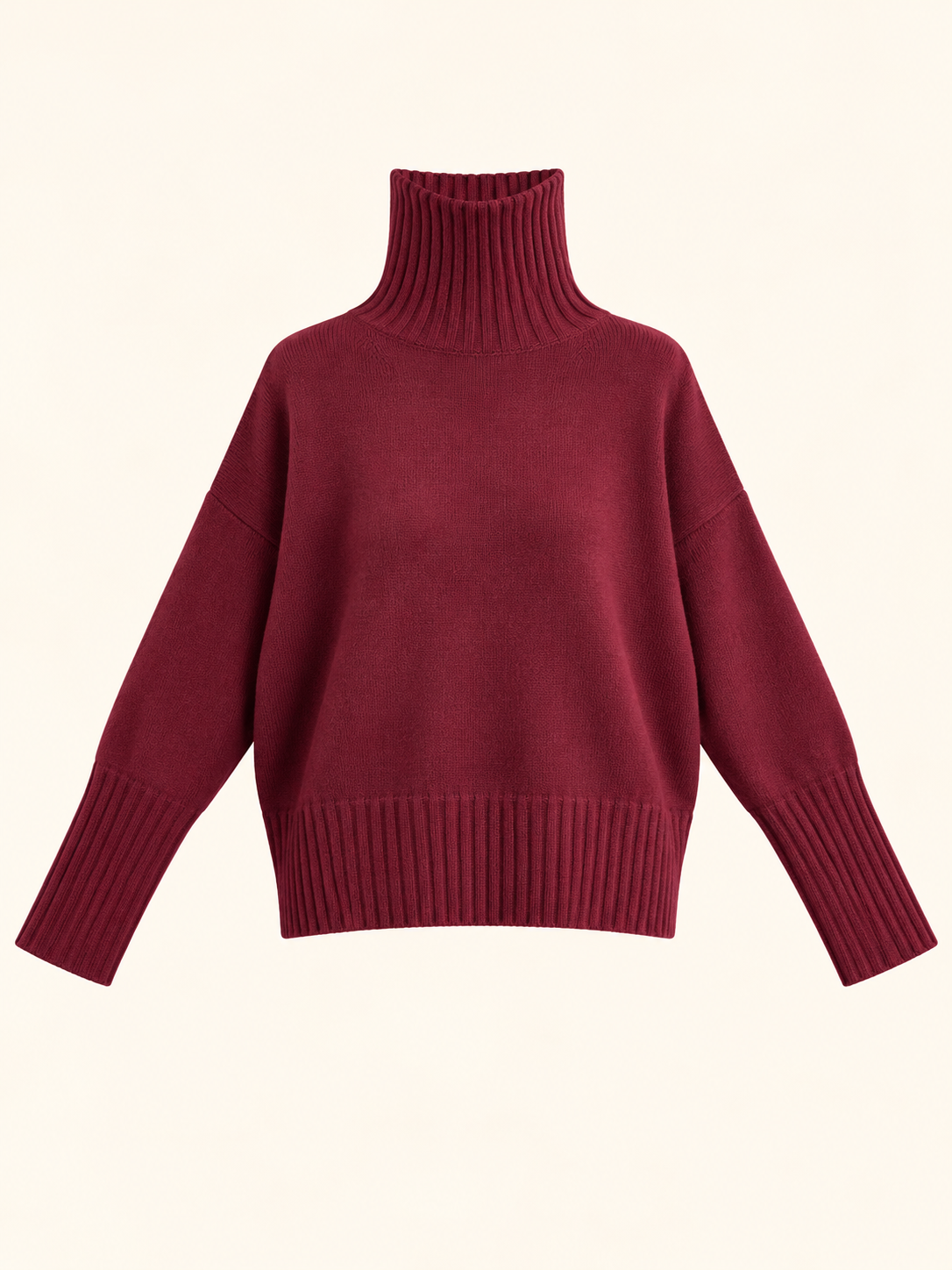 Burgundy Oversized Turtleneck Knit Sweater With Ribbed Cuffs