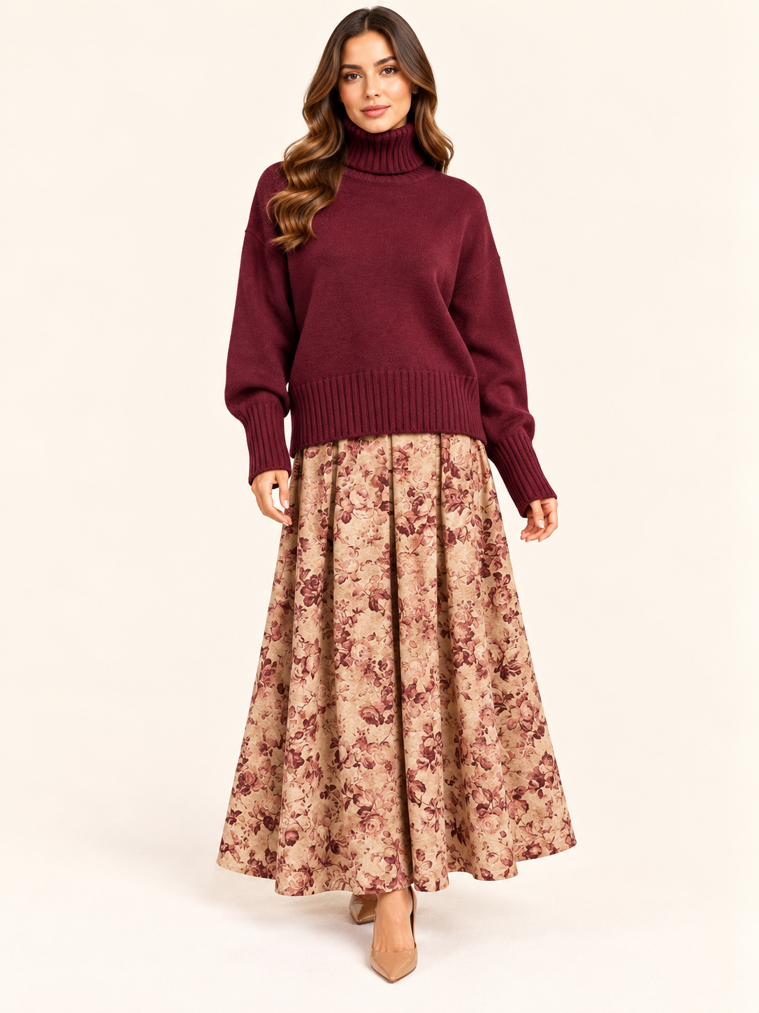Women's Beige & Burgundy Floral Print Pleated Maxi Skirt