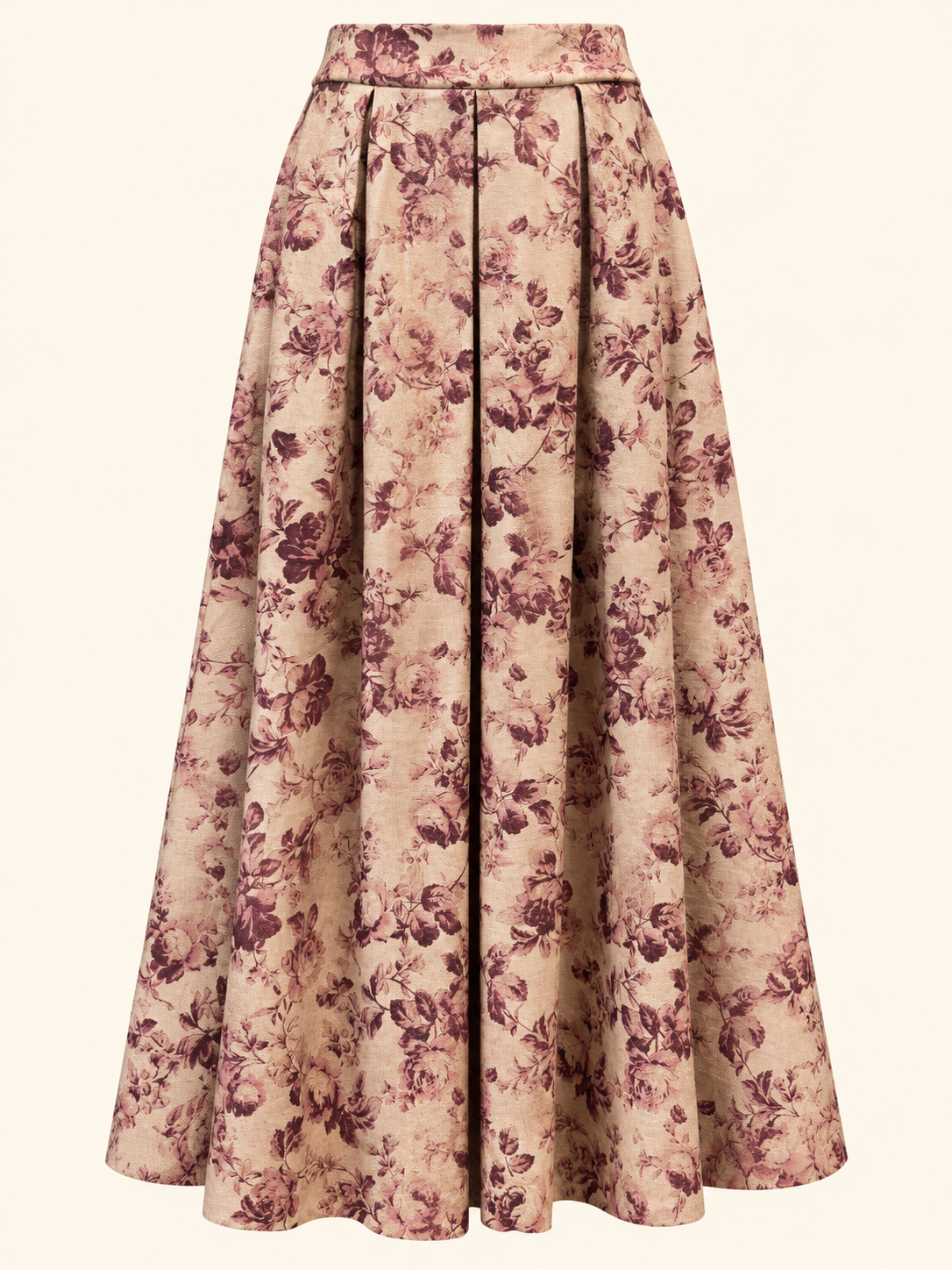 Women's Beige & Burgundy Floral Print Pleated Maxi Skirt