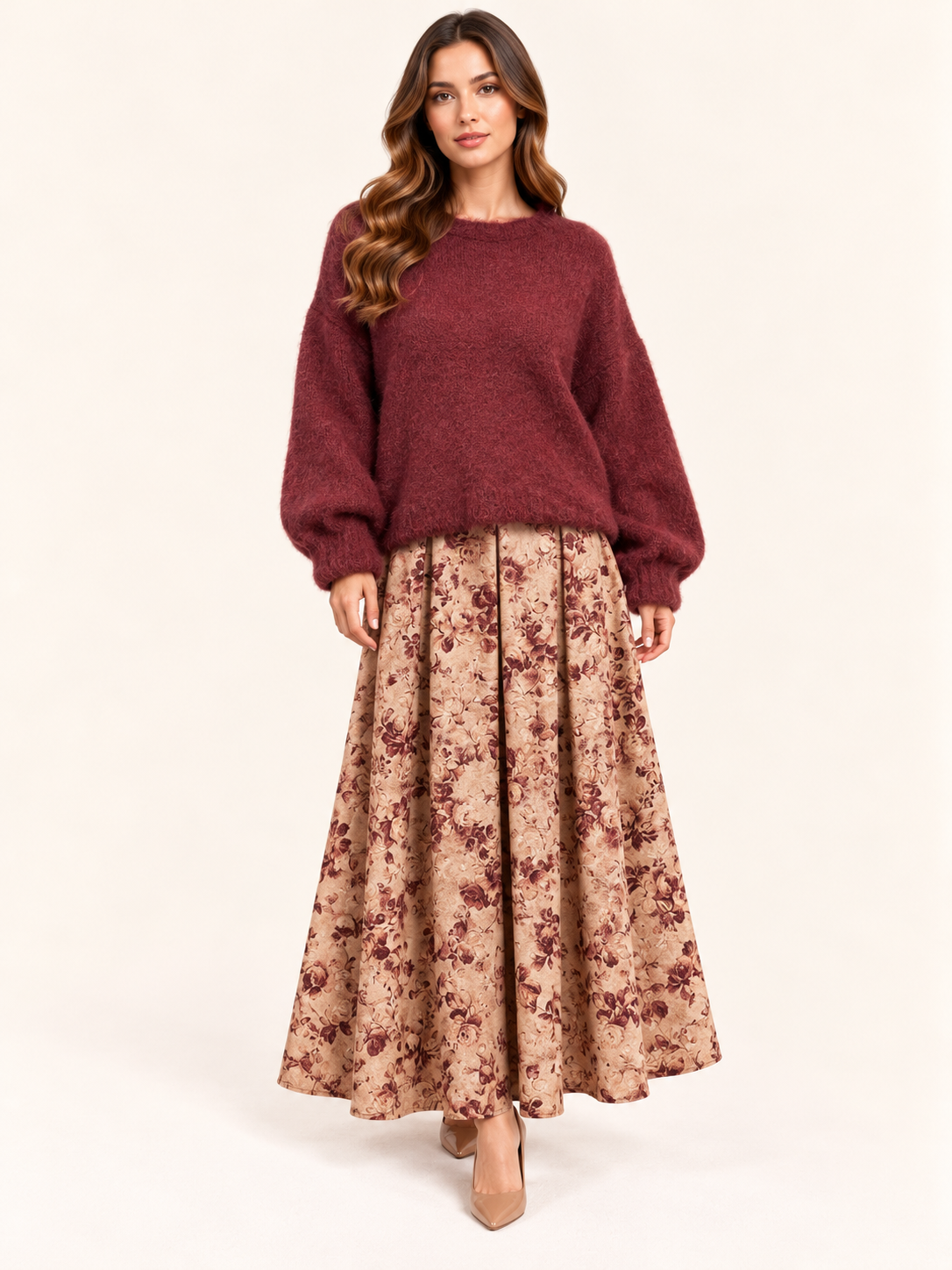 Oversized Burgundy Fluffy Knit Sweater With Balloon Sleeves
