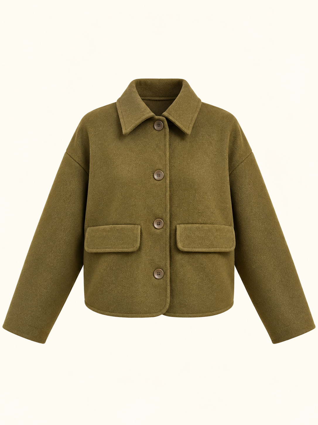 Women's Relaxed Fit Olive Green Cropped Jacket With Button Front & Flap Pockets
