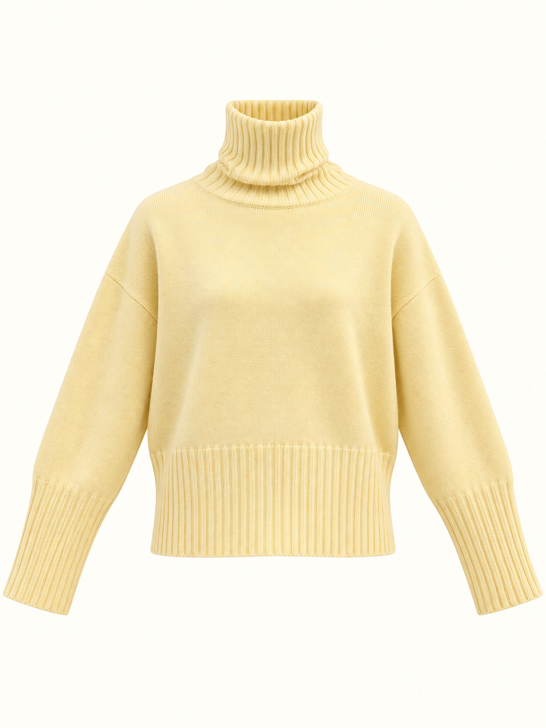 Butter Yellow Oversized Turtleneck Knit Sweater With Ribbed Cuffs