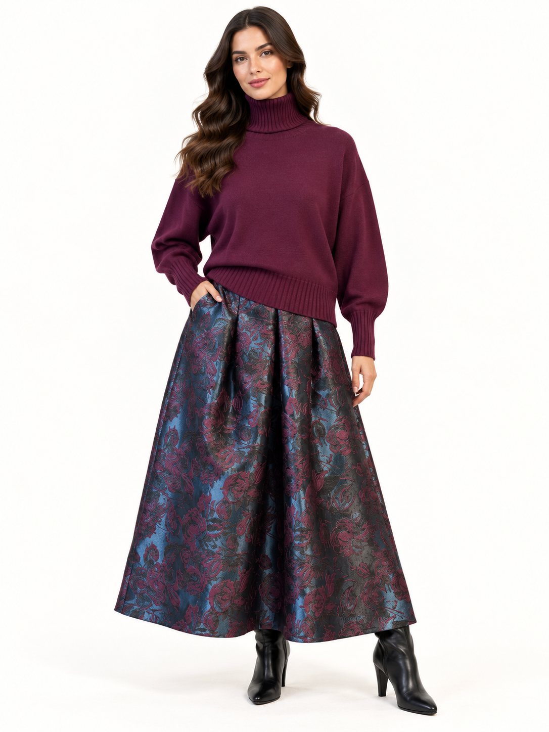 Women's Navy & Burgundy Floral Jacquard Pleated Midi Skirt