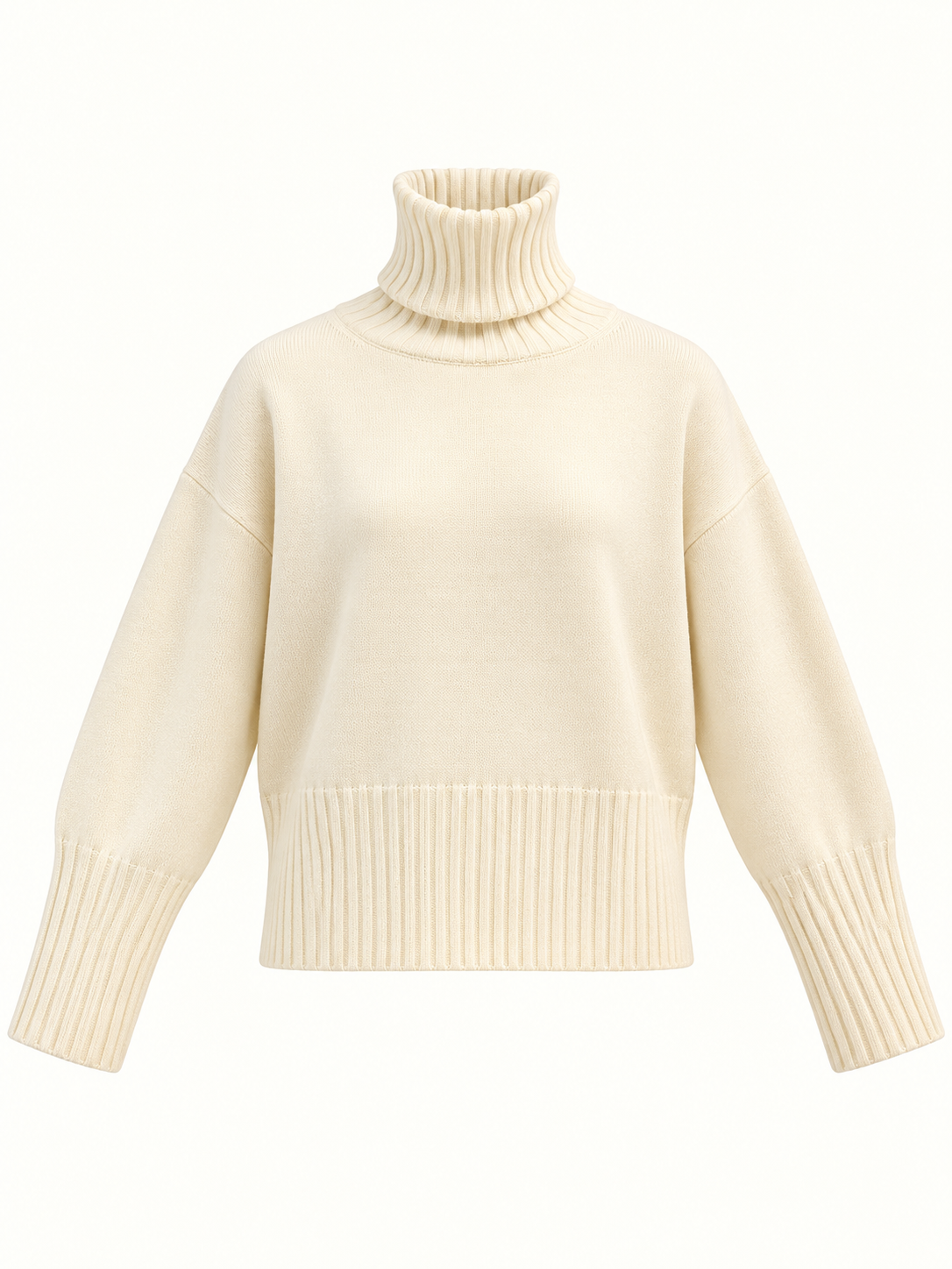 Cream Oversized Turtleneck Knit Sweater With Ribbed Cuffs