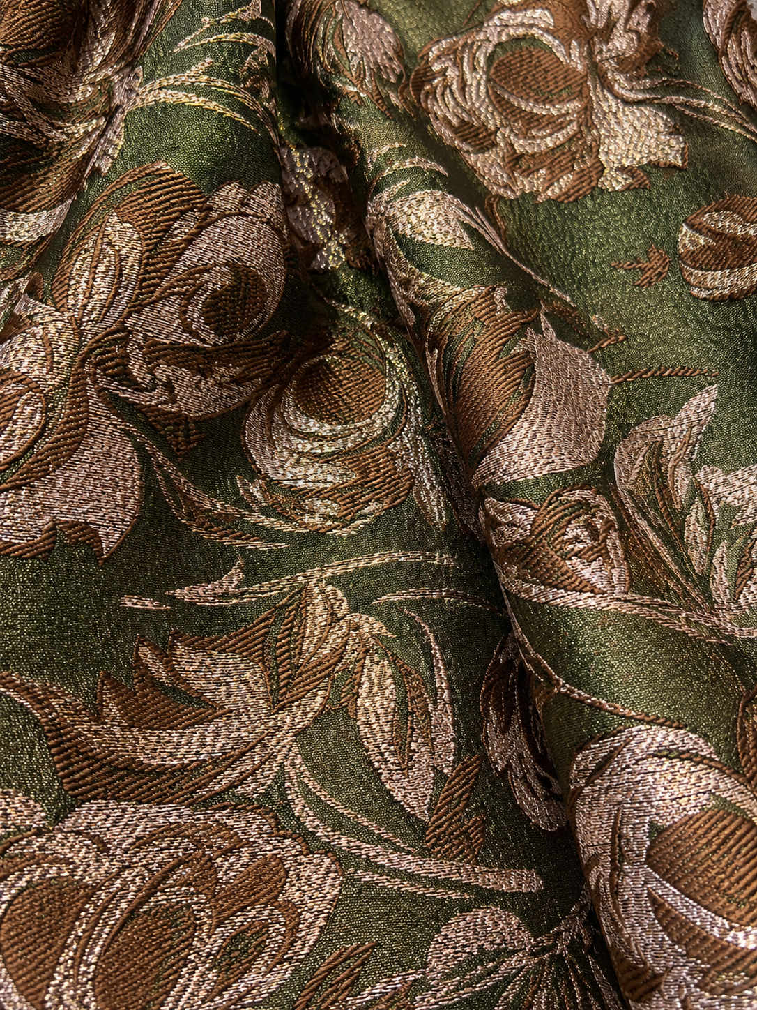 Olive Green & Rose Gold Floral Jacquard Pleated Midi Skirt