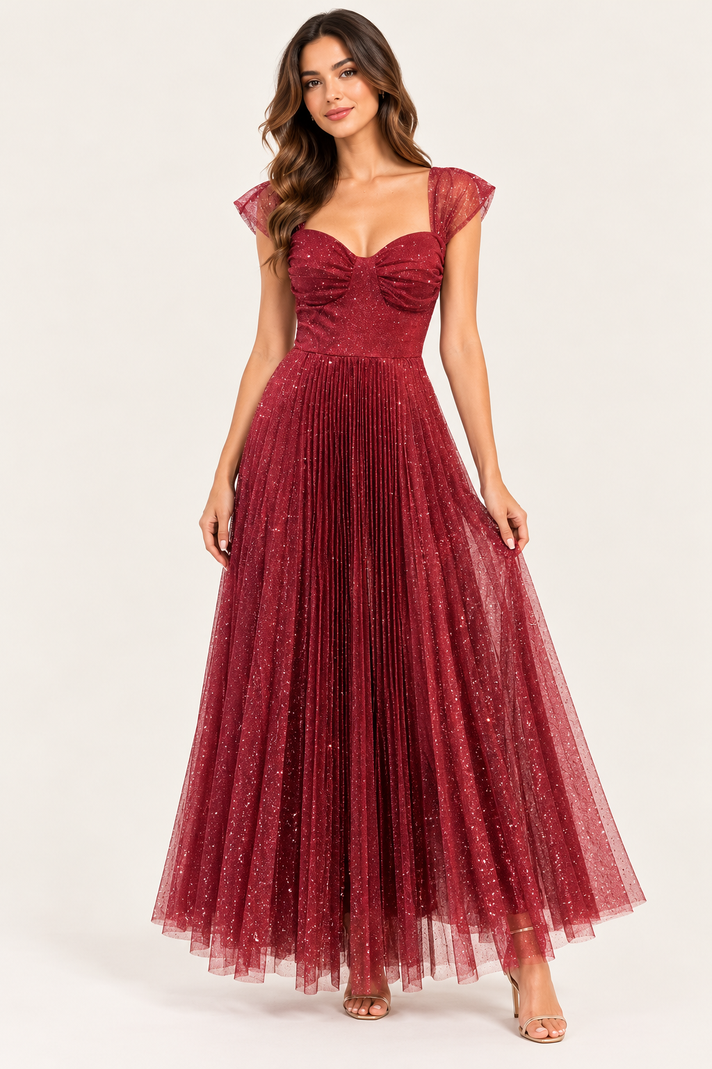 Burgundy Glitter Tulle Maxi Evening Dress With Pleated Skirt And Sheer Cap Sleeves - Party Dress