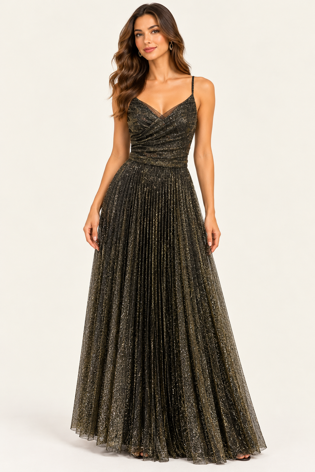 Black & Gold Glitter Pleated Maxi Evening Dress - Party Dress