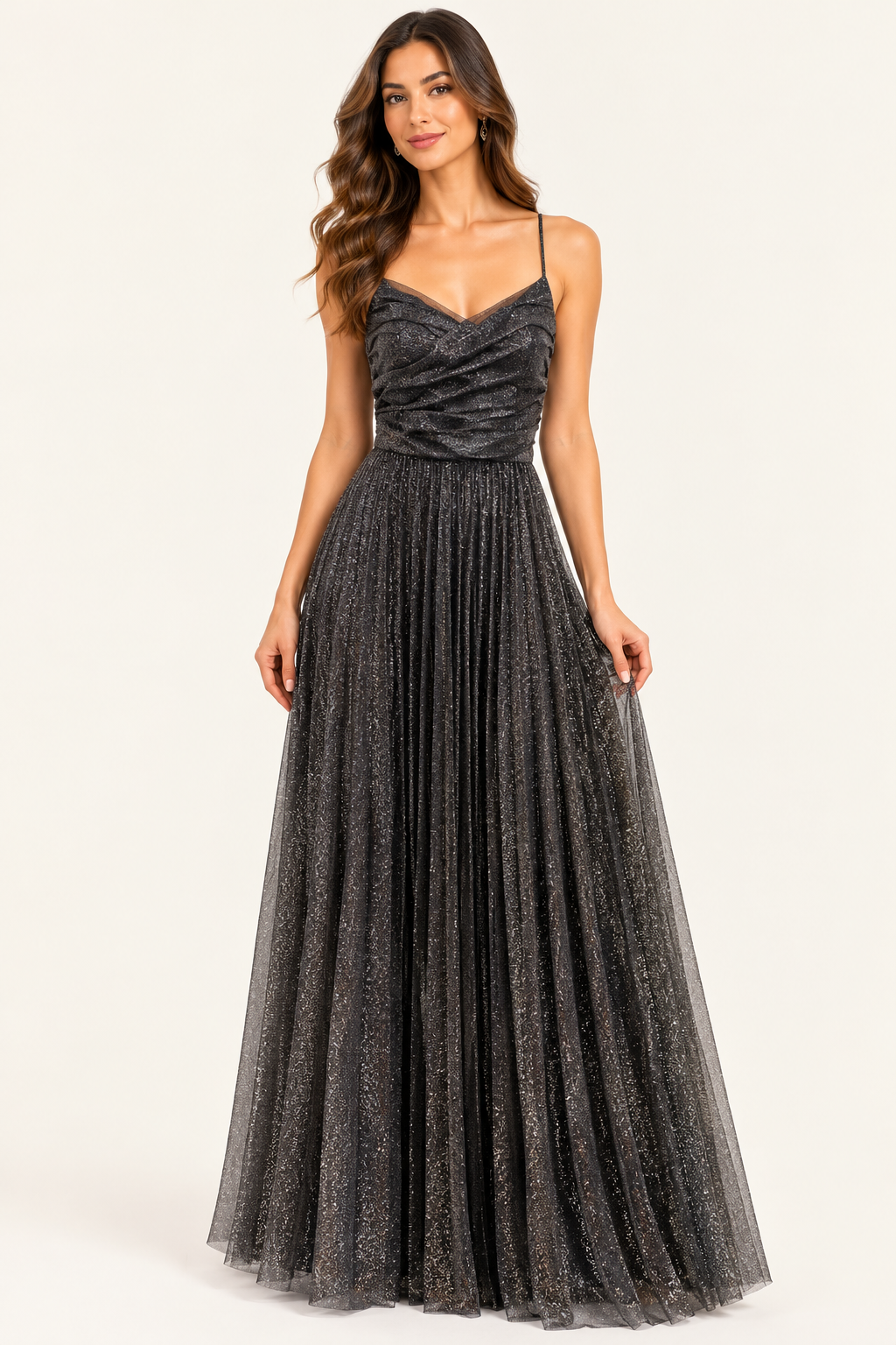 Black & Silver Glitter Pleated Maxi Evening Dress - Party Dress