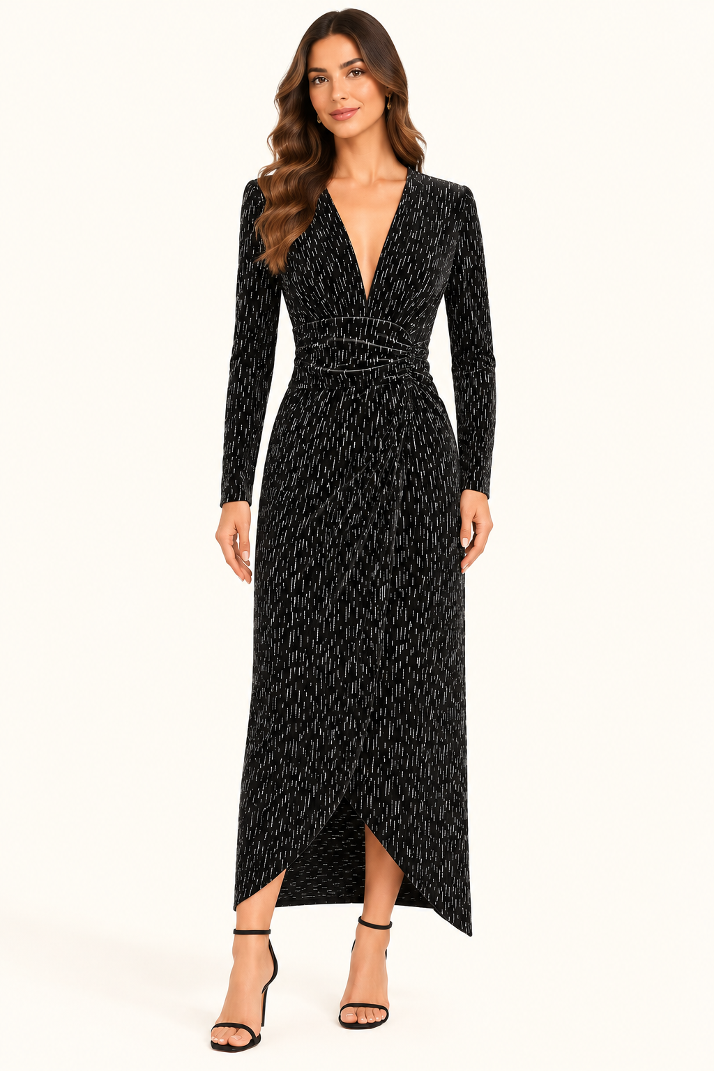 Black Velvet Midi Dress With Silver Shimmer & Ruched Waist - Party Dress