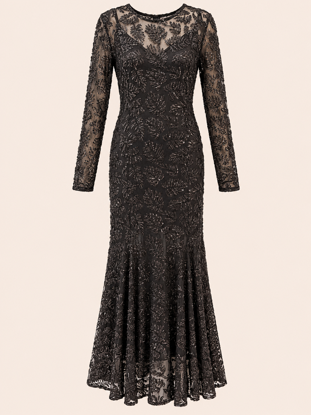 Black Sequin Embellished Maxi Evening Dress With Sheer Long Sleeves - Party Dress