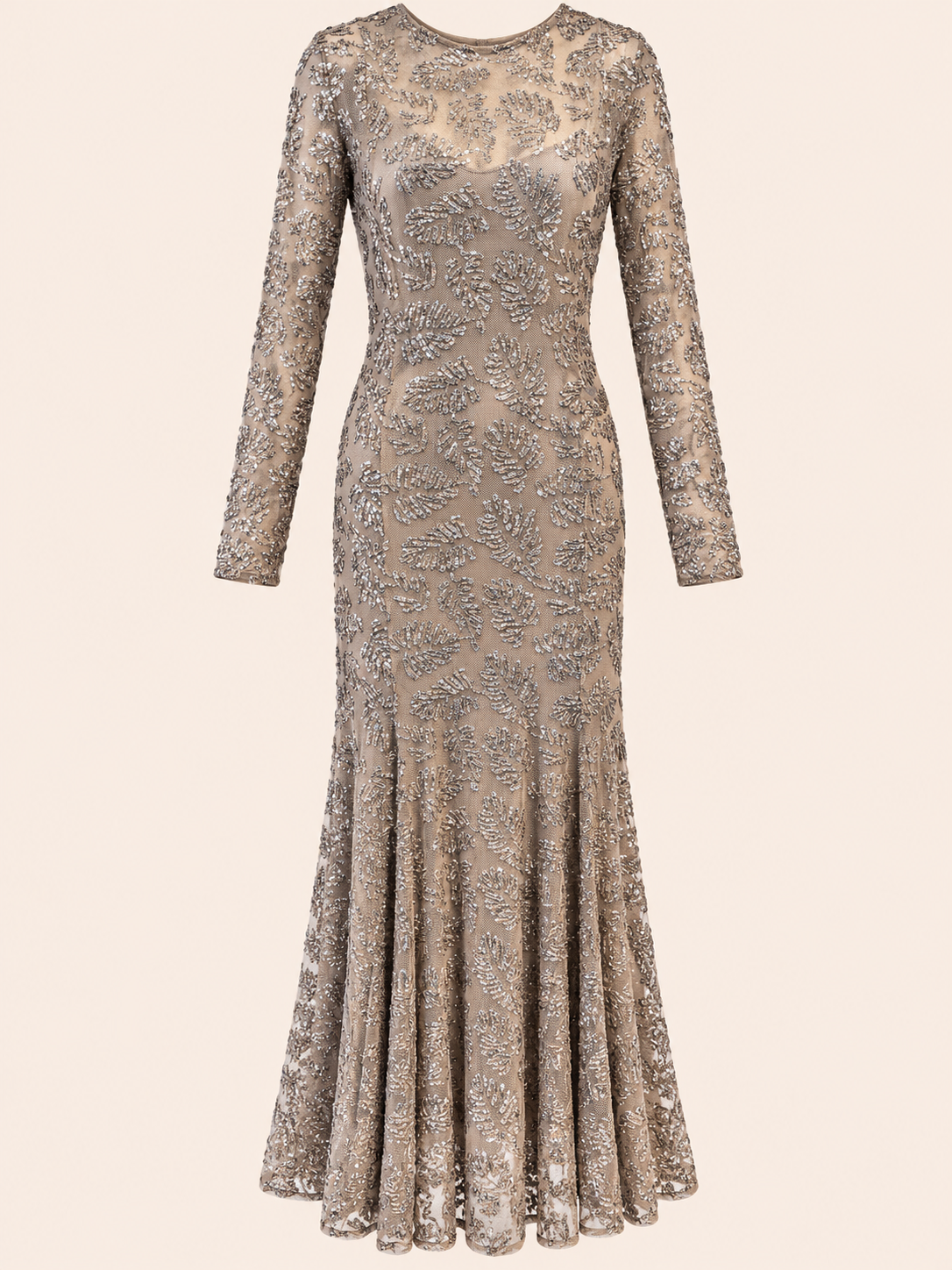 Silver Sequin Embellished Maxi Evening Dress With Sheer Long Sleeves - Party Dress