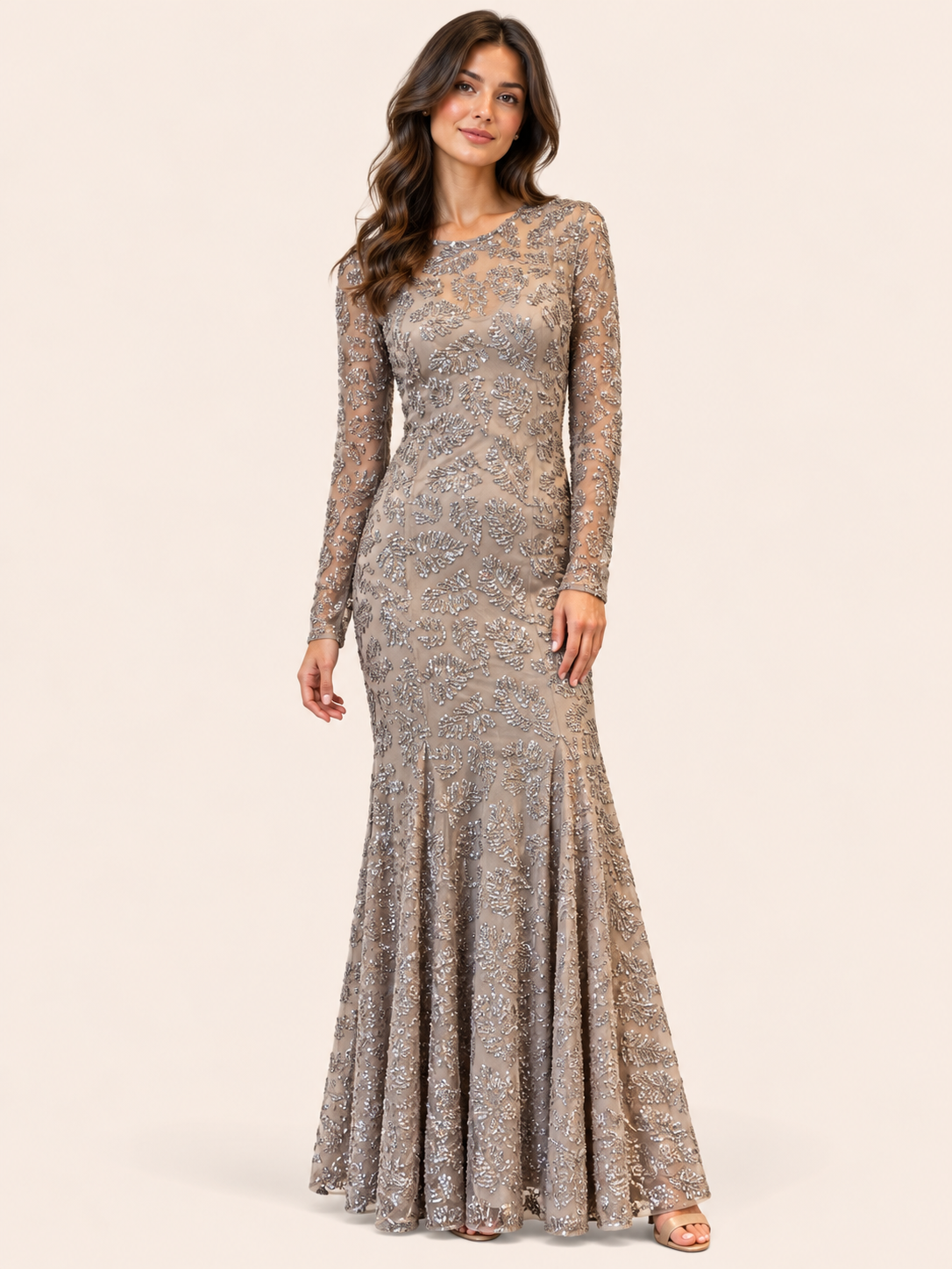 Silver Sequin Embellished Maxi Evening Dress With Sheer Long Sleeves - Party Dress