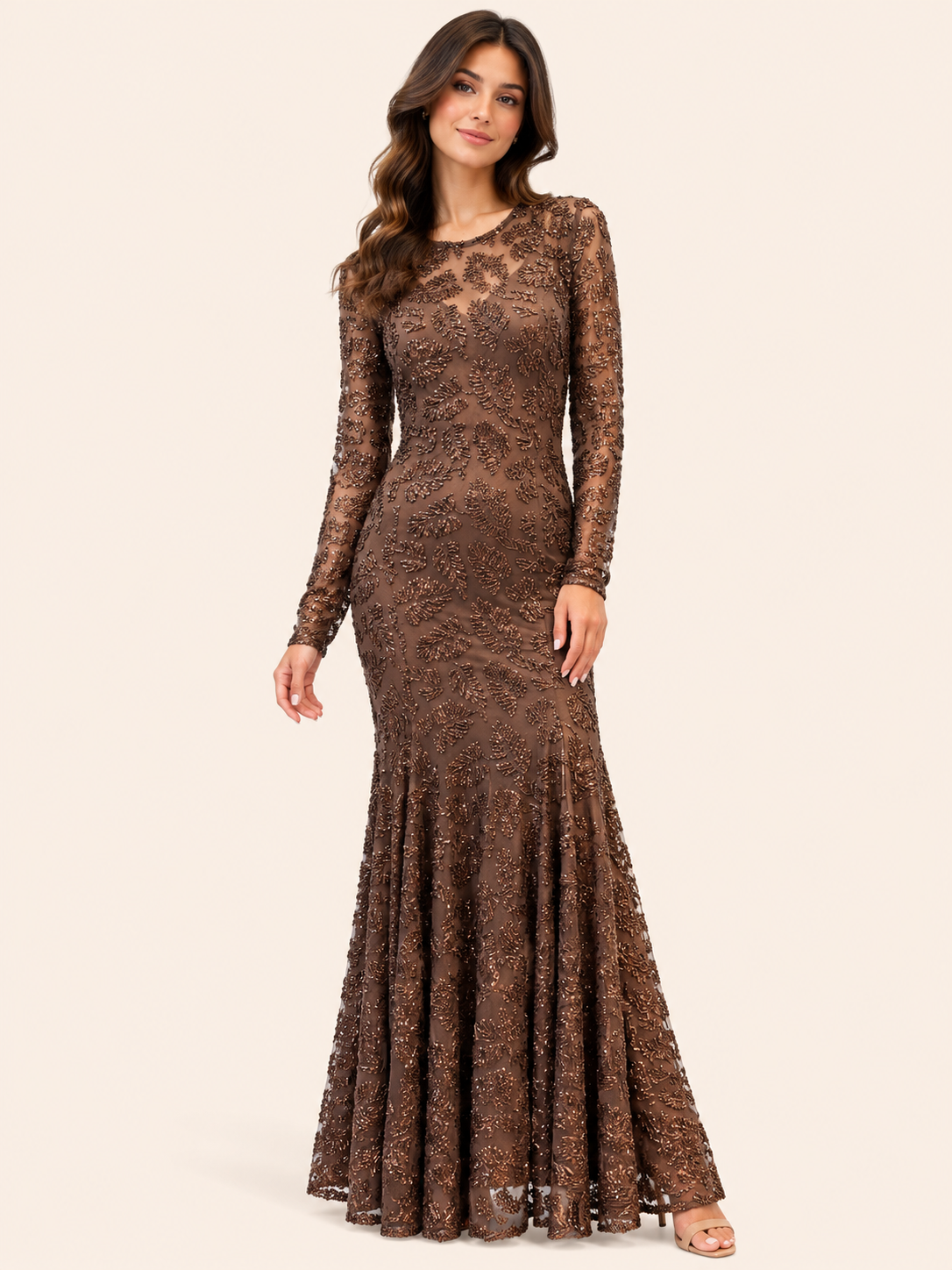 Brown Sequin Embellished Maxi Evening Dress With Sheer Long Sleeves - Party Dress
