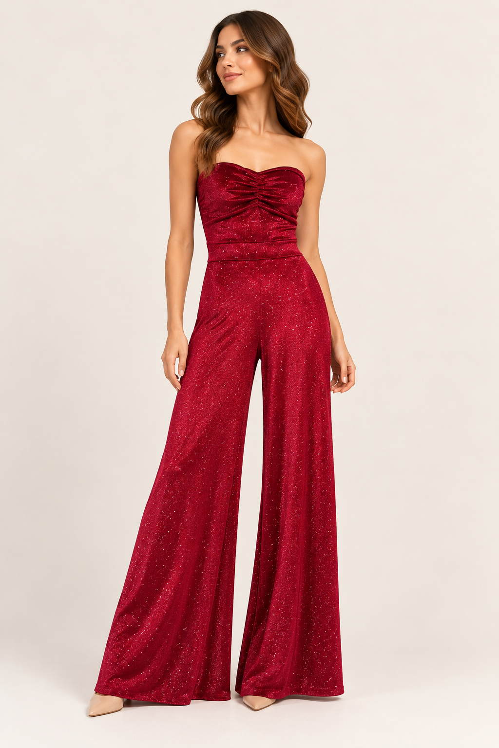 Burgundy Glitter Strapless Wide-Leg Jumpsuit - Party Jumpsuit