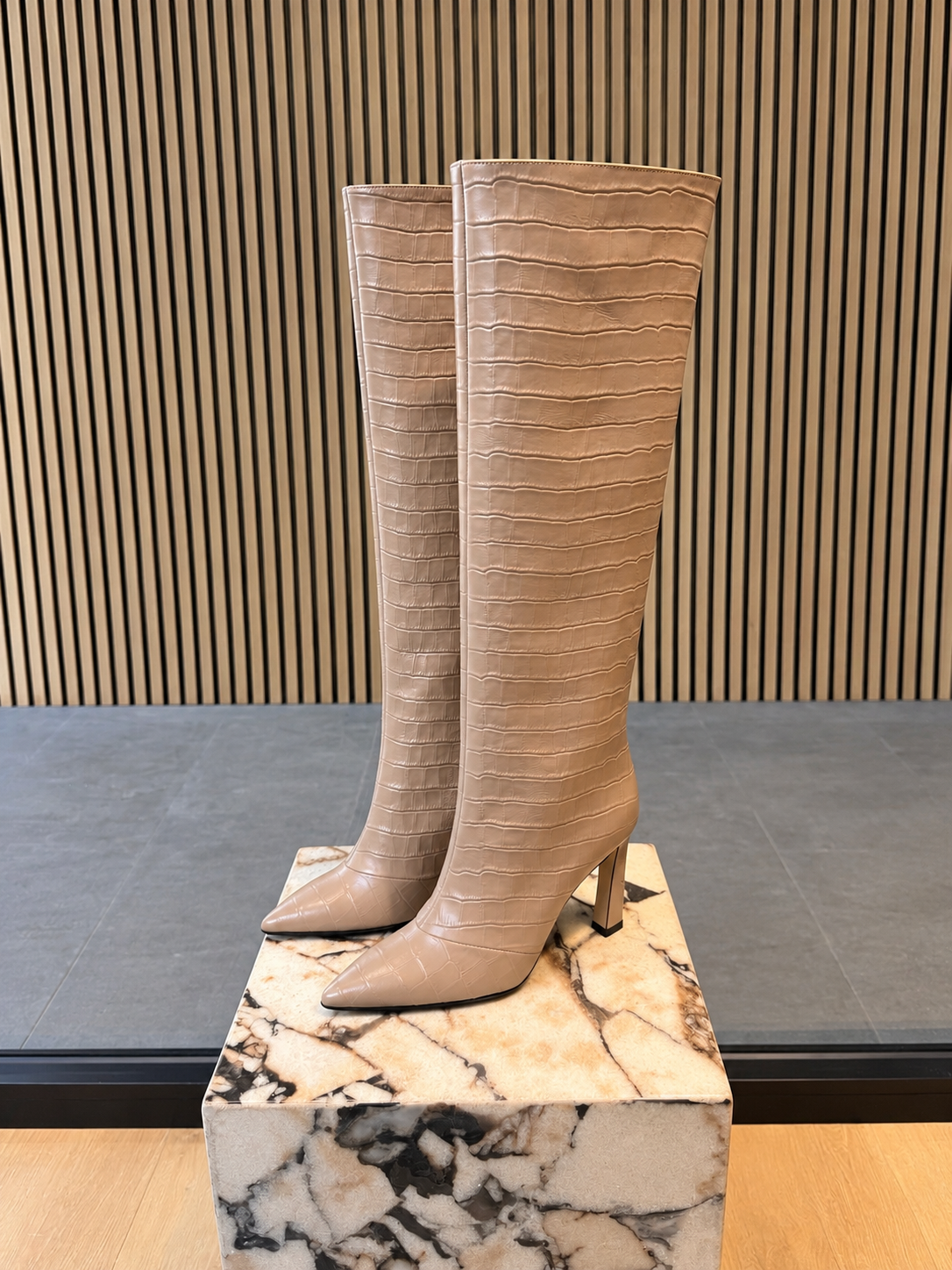 Grey Taupe Croc-Embossed Knee-High Boots With High Heels - Women's Pointed-Toe Boots