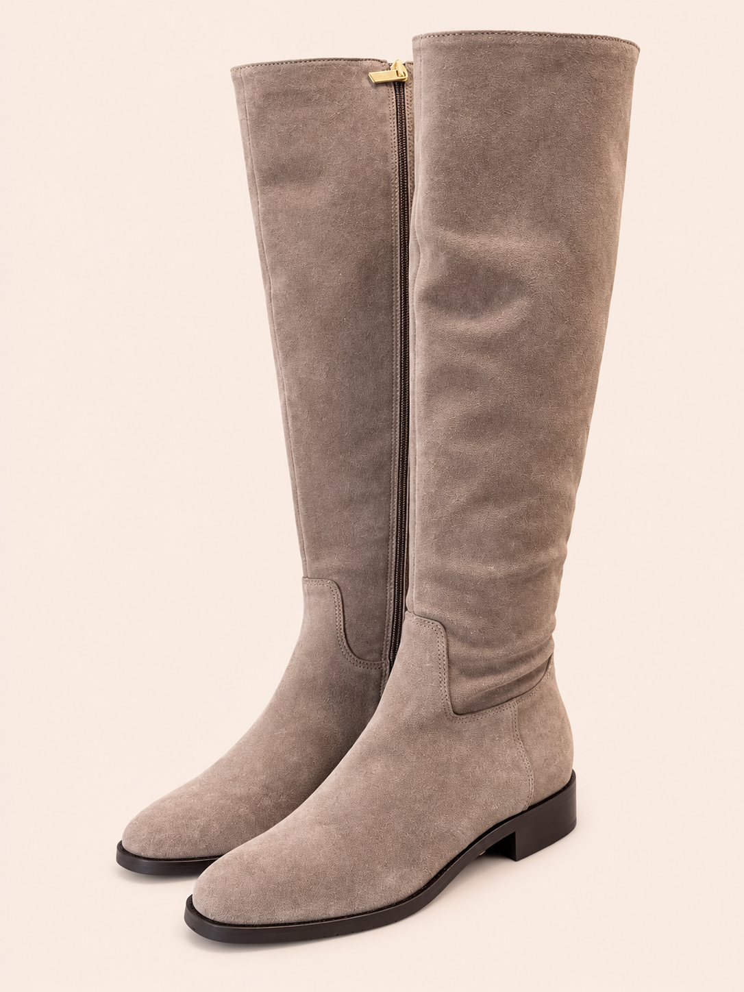 Grey Taupe Suede Knee-High Boots With Low Block Heel