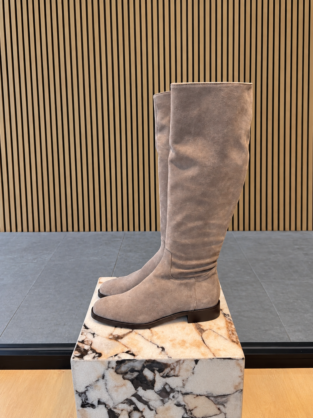 Grey Taupe Suede Knee-High Boots With Low Block Heel