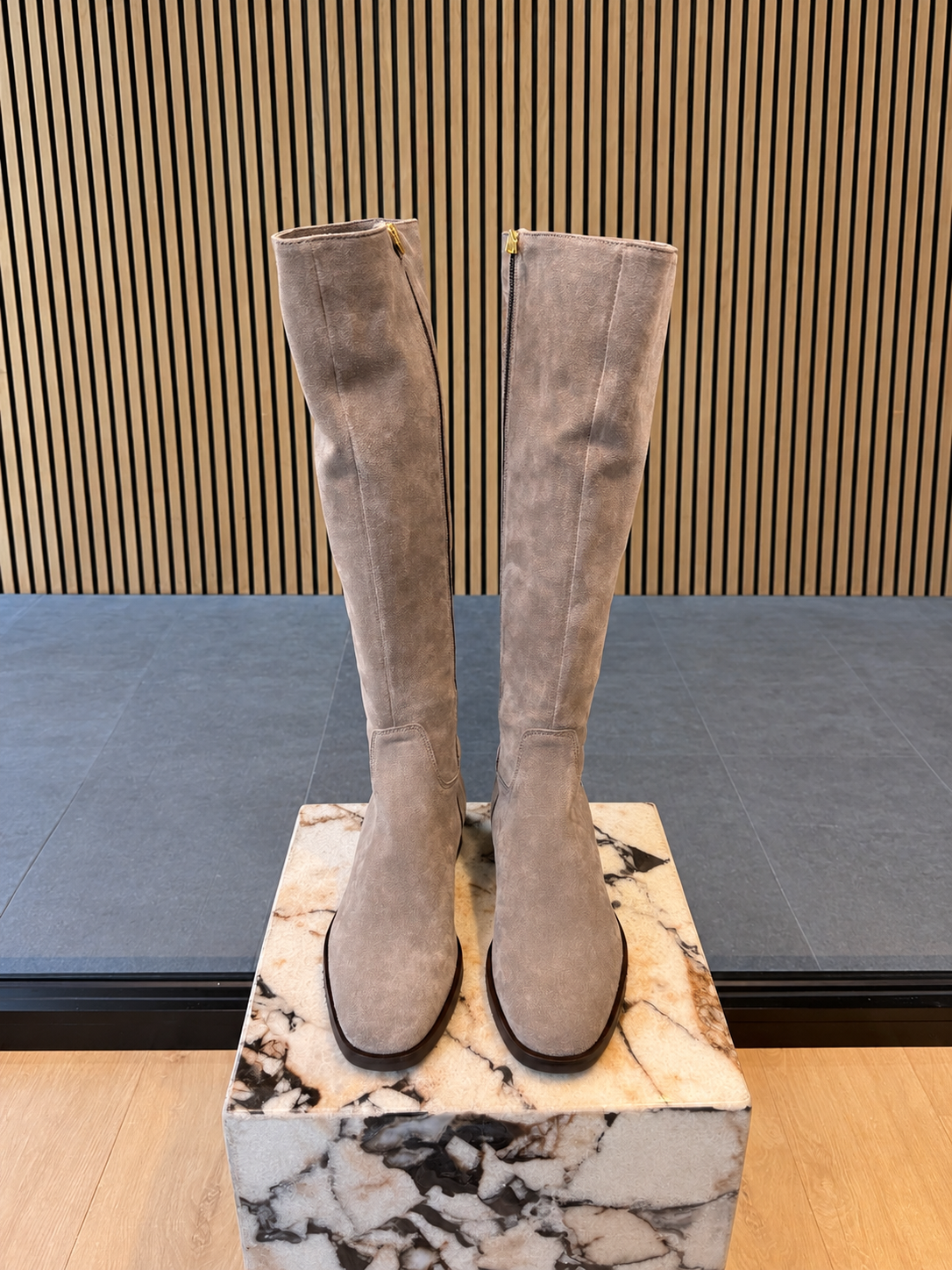 Grey Taupe Suede Knee-High Boots With Low Block Heel