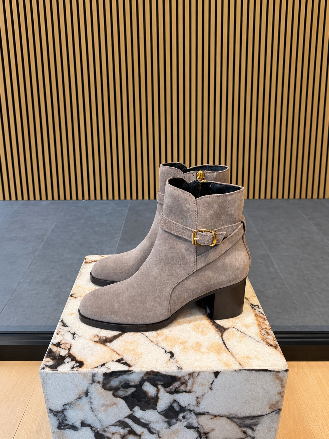 Grey Taupe Suede Ankle Boots With Gold Buckle & Block Heel