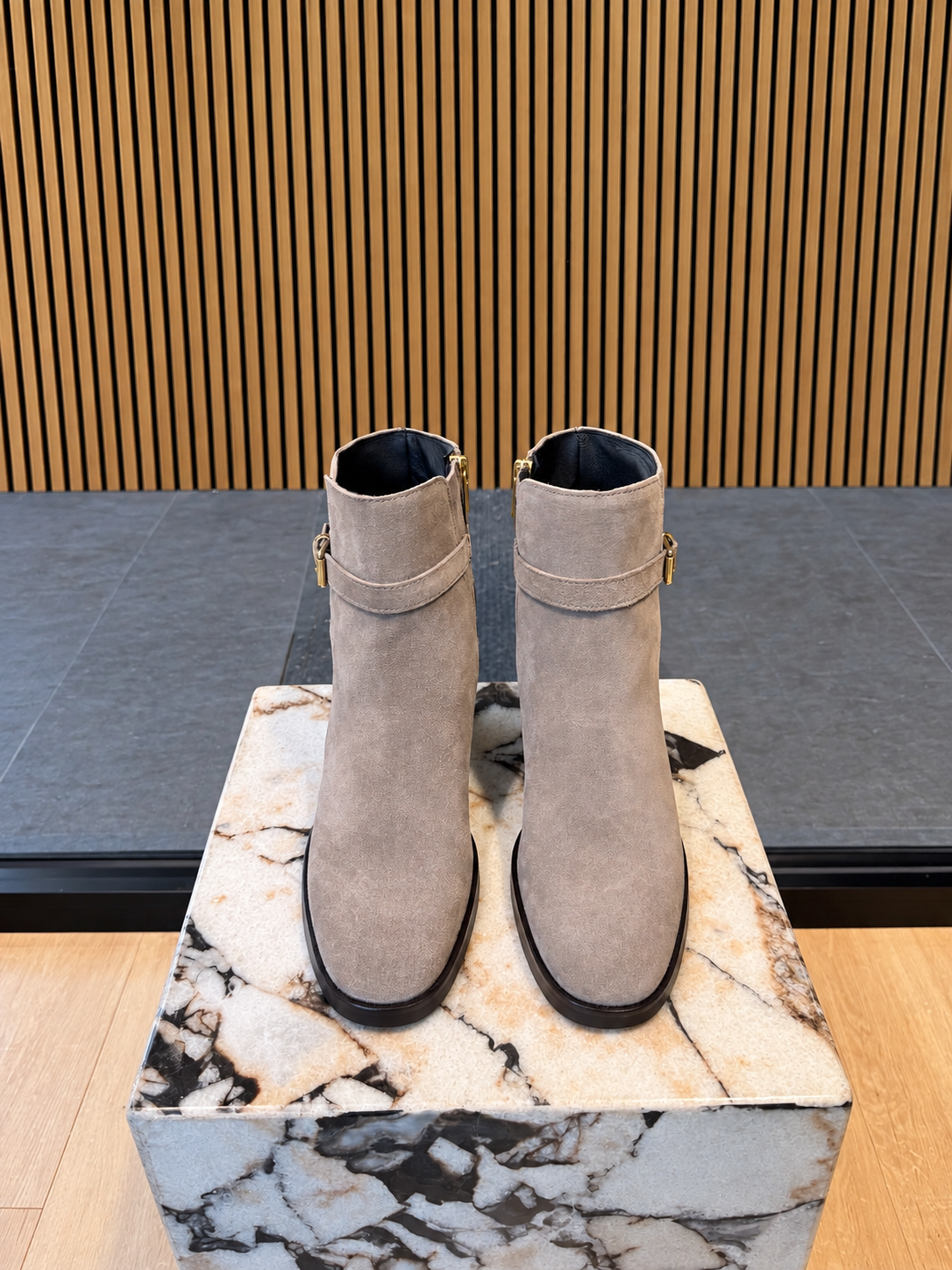 Grey Taupe Suede Ankle Boots With Gold Buckle & Block Heel