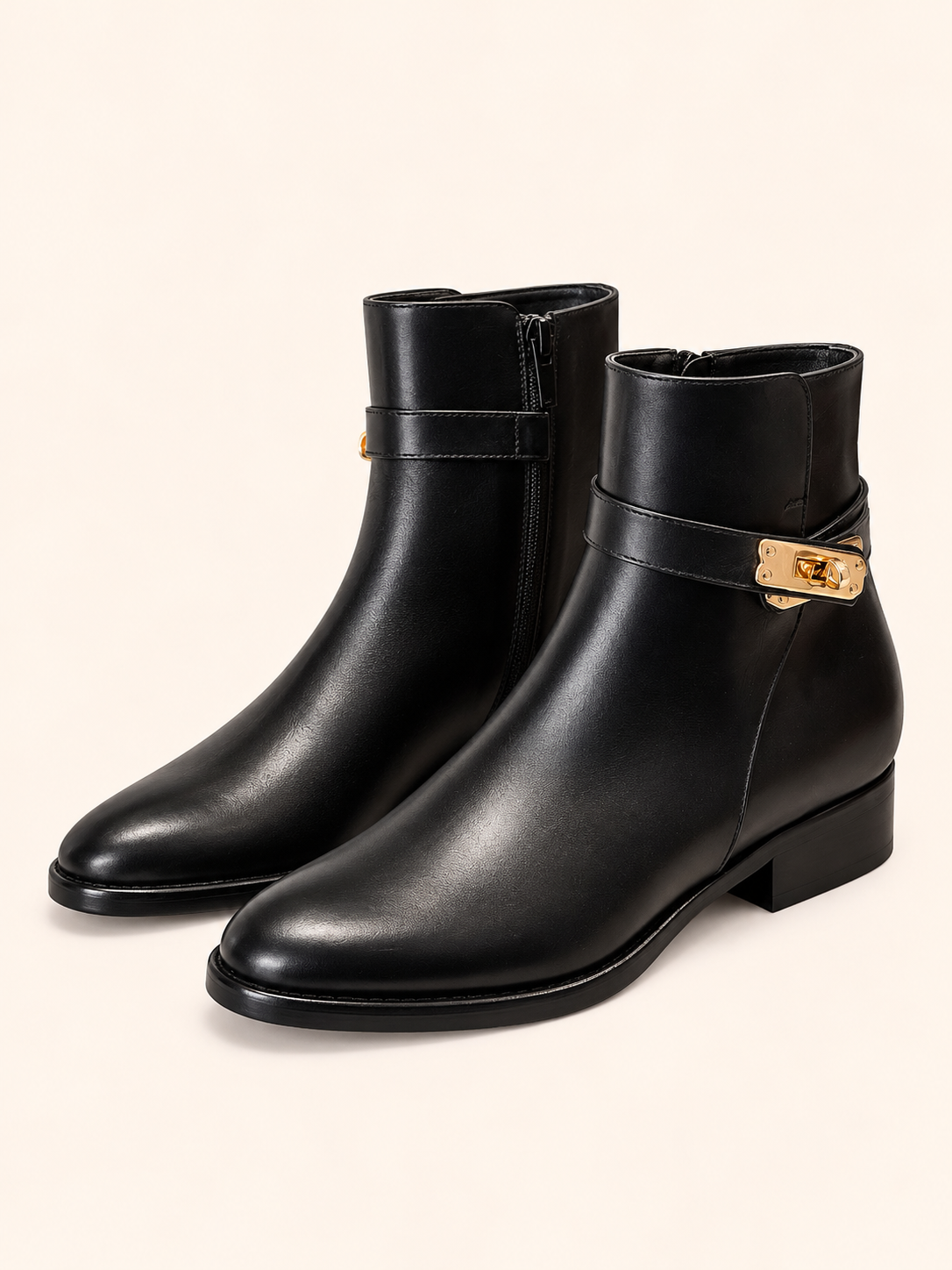 Black Leather Ankle Boots With Gold Buckle Detail - Women's Flat Boots