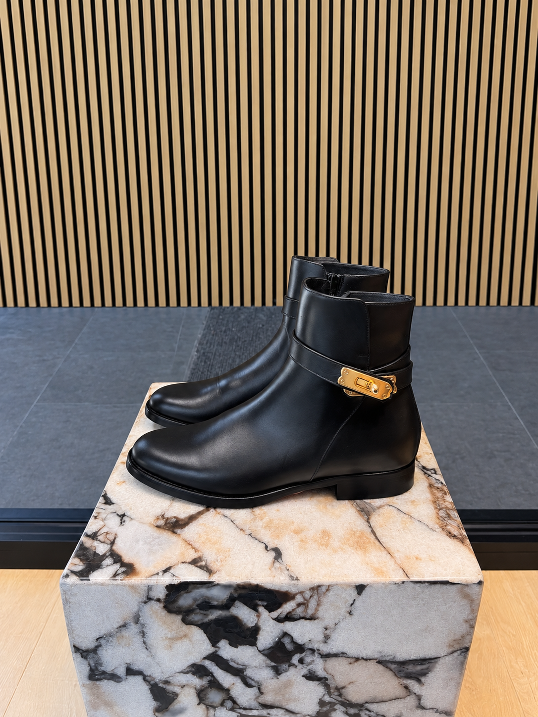 Black Leather Ankle Boots With Gold Buckle Detail - Women's Flat Boots