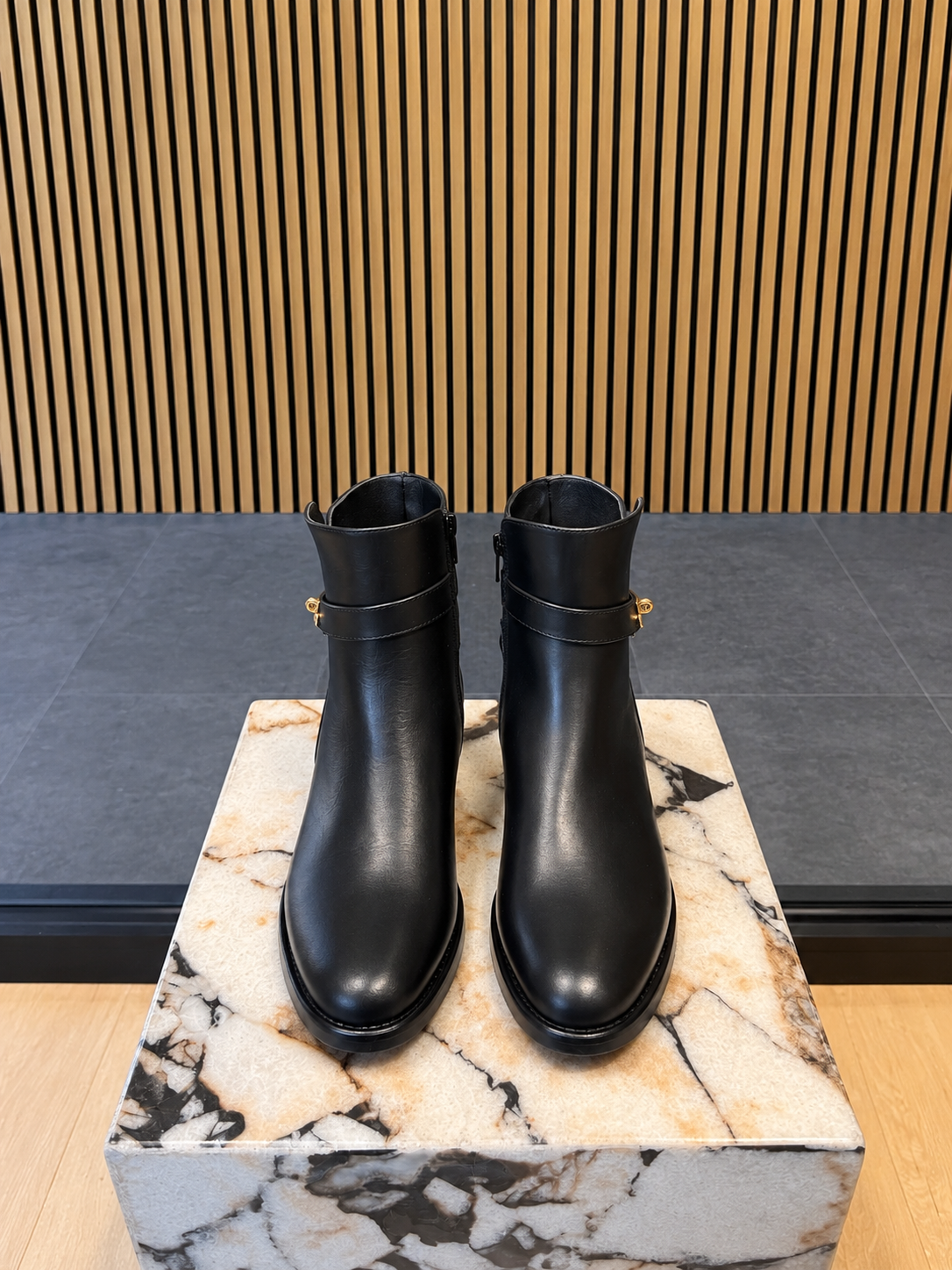 Black Leather Ankle Boots With Gold Buckle Detail - Women's Flat Boots