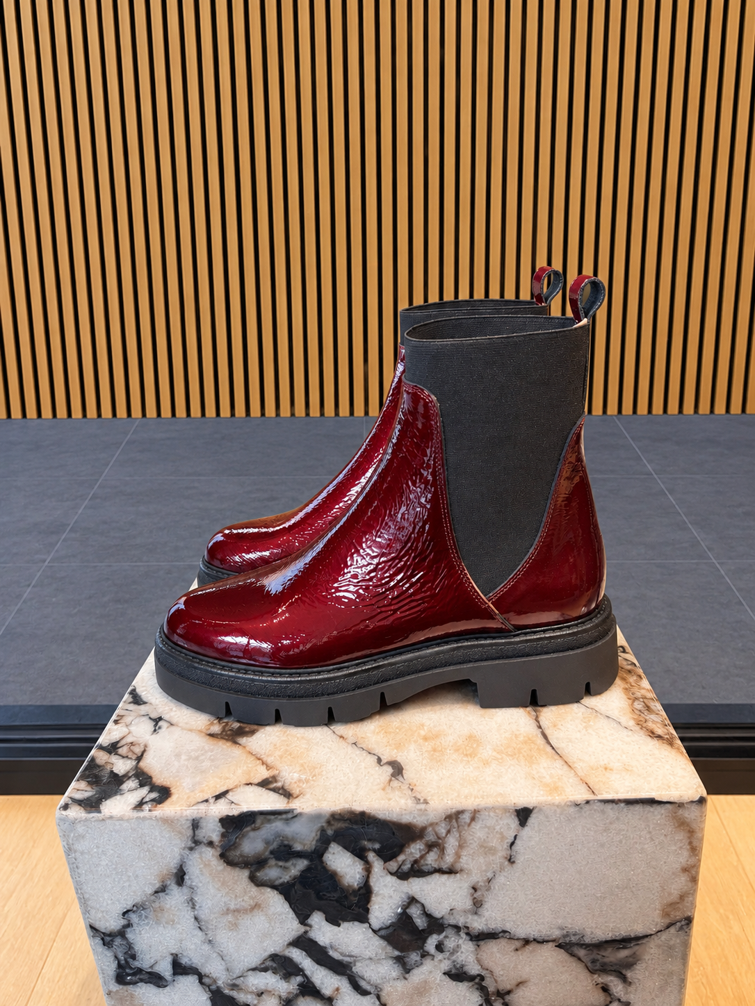 Women's Burgundy Patent Chelsea Ankle Boots With Chunky Sole