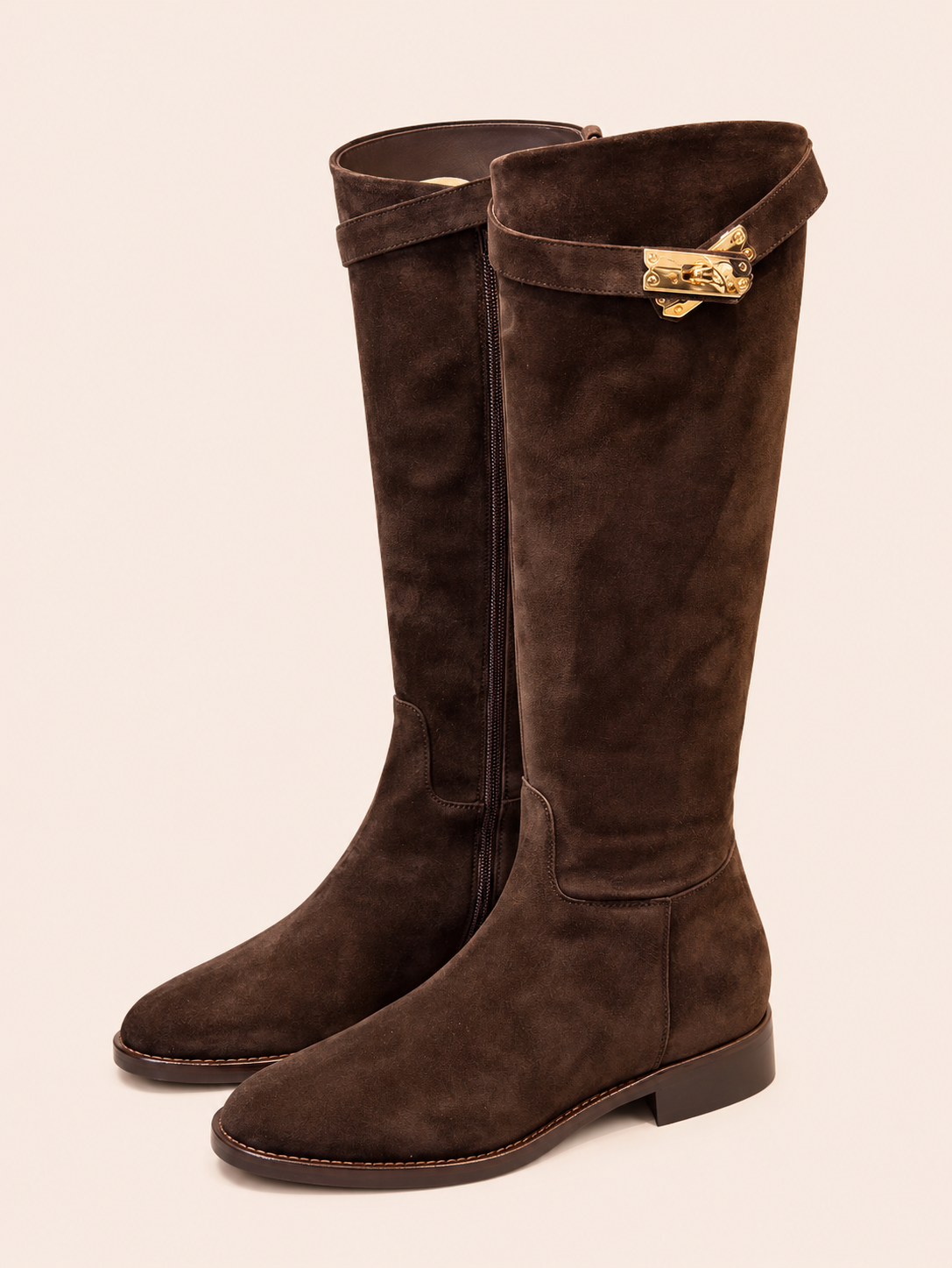 Women's Dark Brown Suede Leather Knee-High Boots With Golden Buckle
