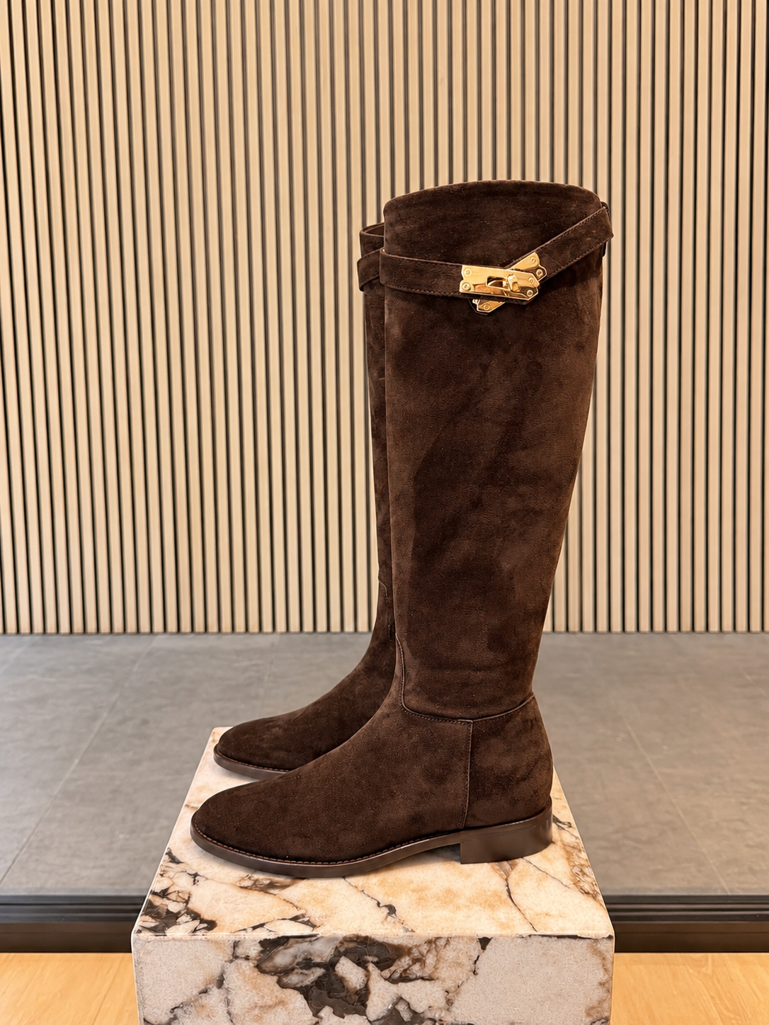 Women's Dark Brown Suede Leather Knee-High Boots With Golden Buckle